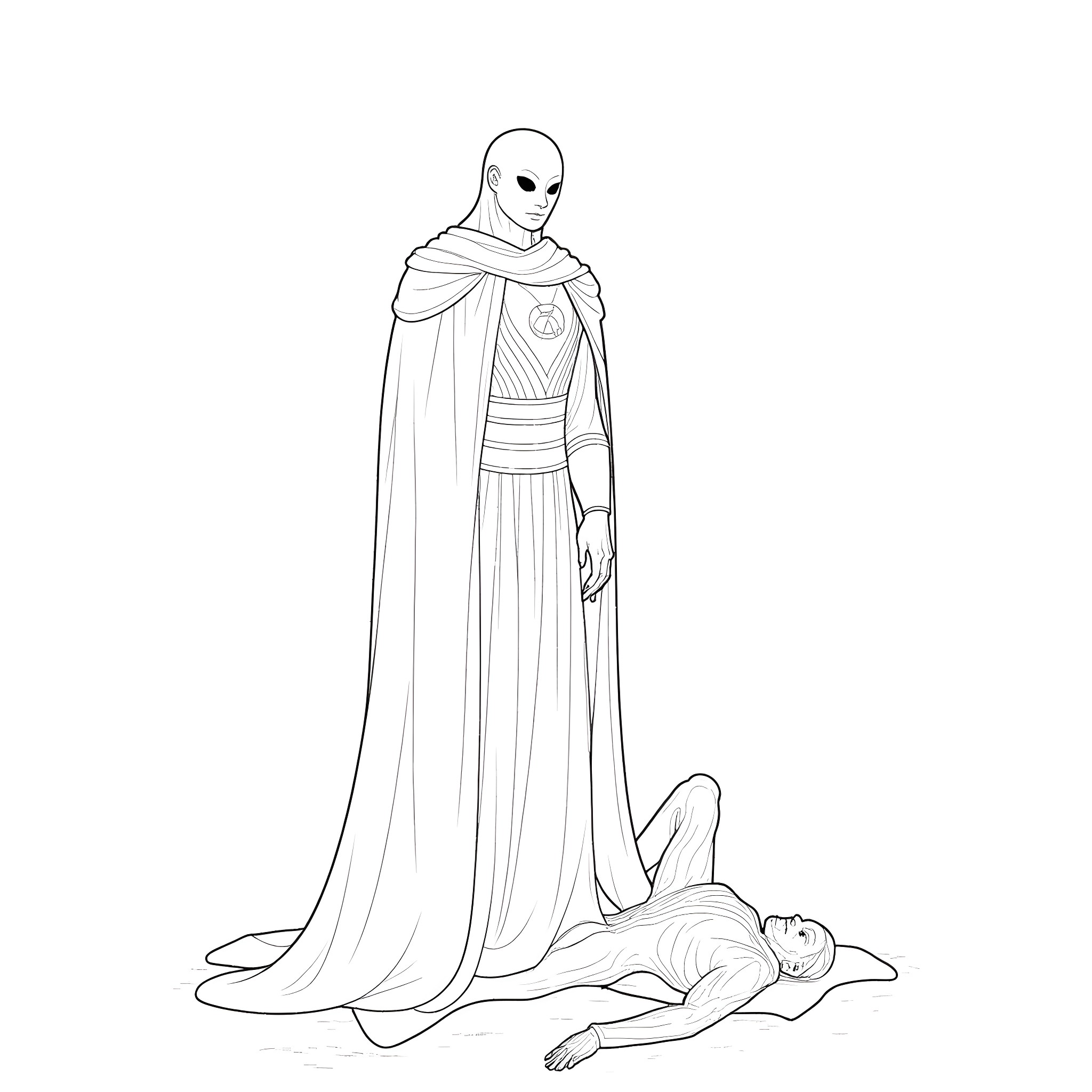 Aarakocra figure looming over fallen human Coloring Page (free black-and-white line drawing printable PDF for all, from beginners to advanced learners, including children, teens, adults, and seniors)