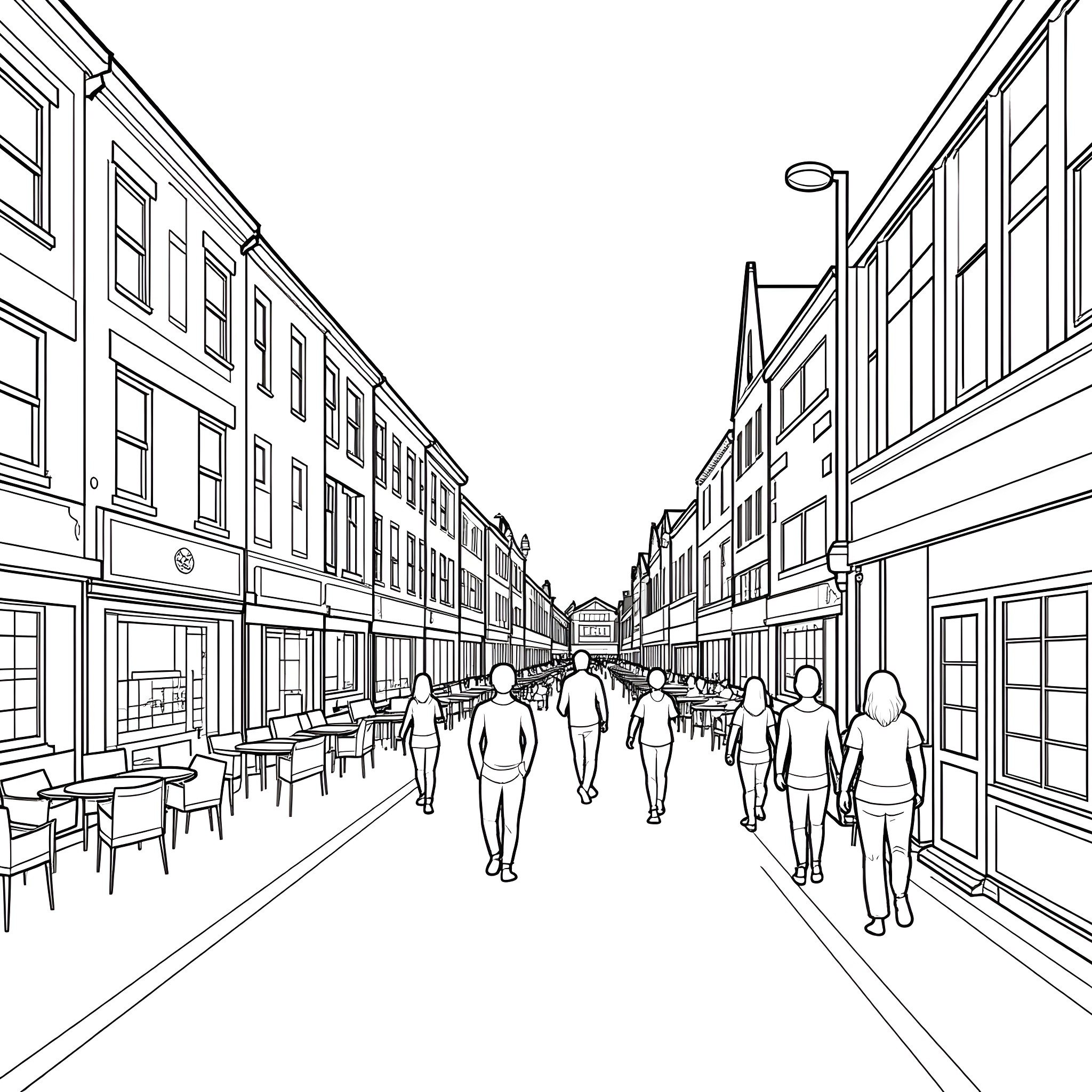 Catford Cityscape: Bustling Pedestrian Activity Coloring Page (free black-and-white line drawing printable PDF for all, from beginners to advanced learners, including children, teens, adults, and seniors)