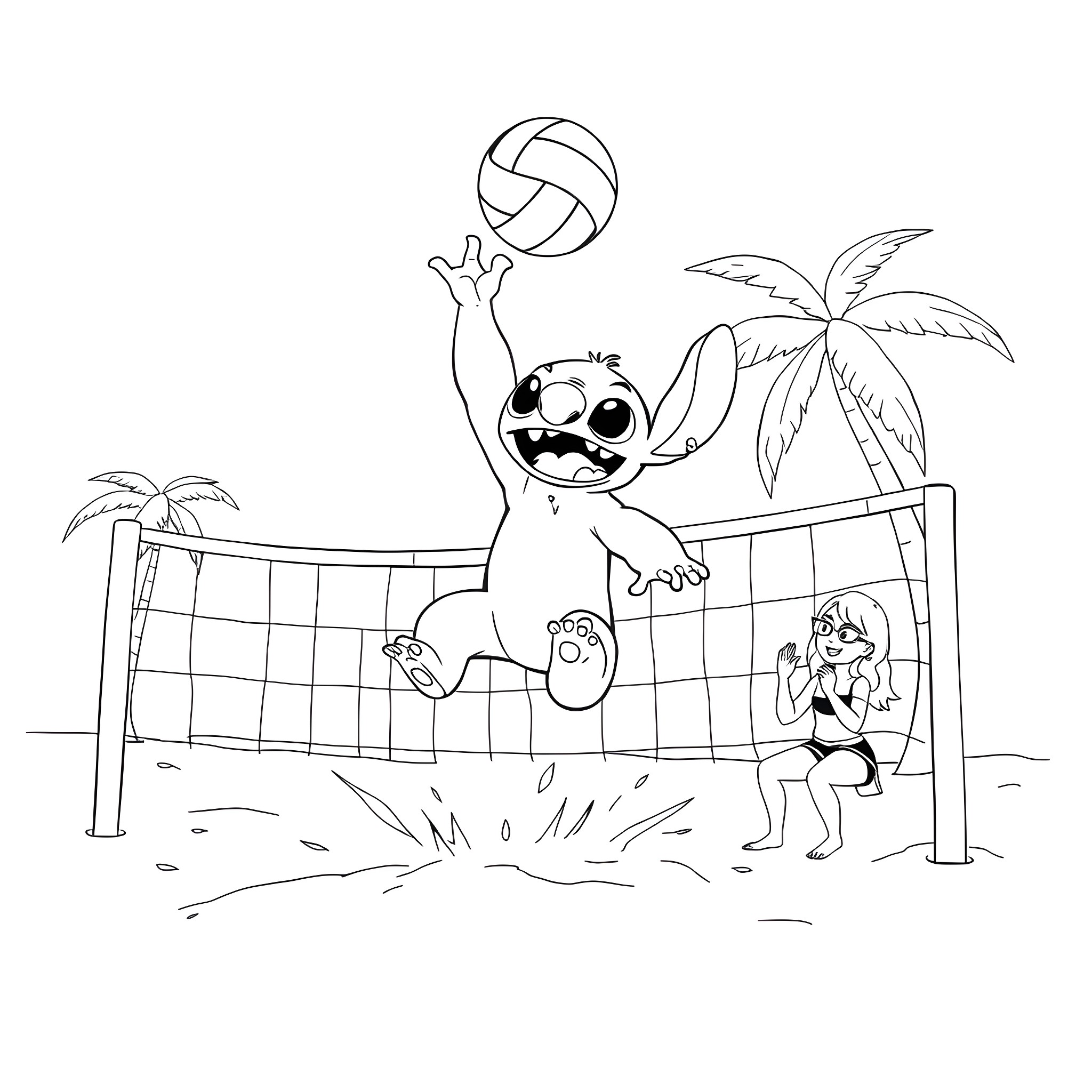 Stitch playing volleyball on the beach Coloring Page (free black-and-white line drawing printable PDF for all, from beginners to advanced learners, including children, teens, adults, and seniors)