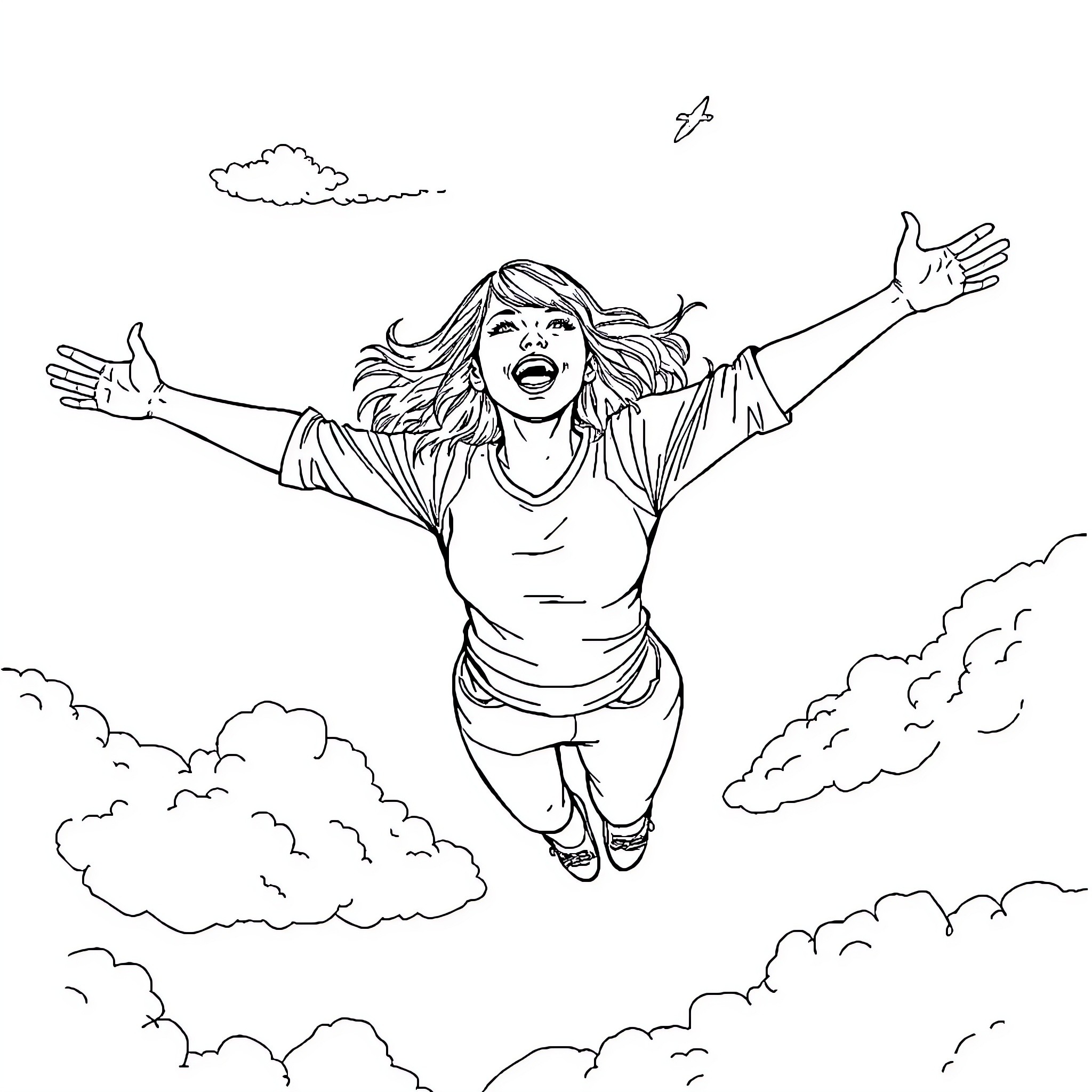 Taylor Swift joyfully leaping in the clouds Coloring Page (free black-and-white line drawing printable PDF for all, from beginners to advanced learners, including children, teens, adults, and seniors)