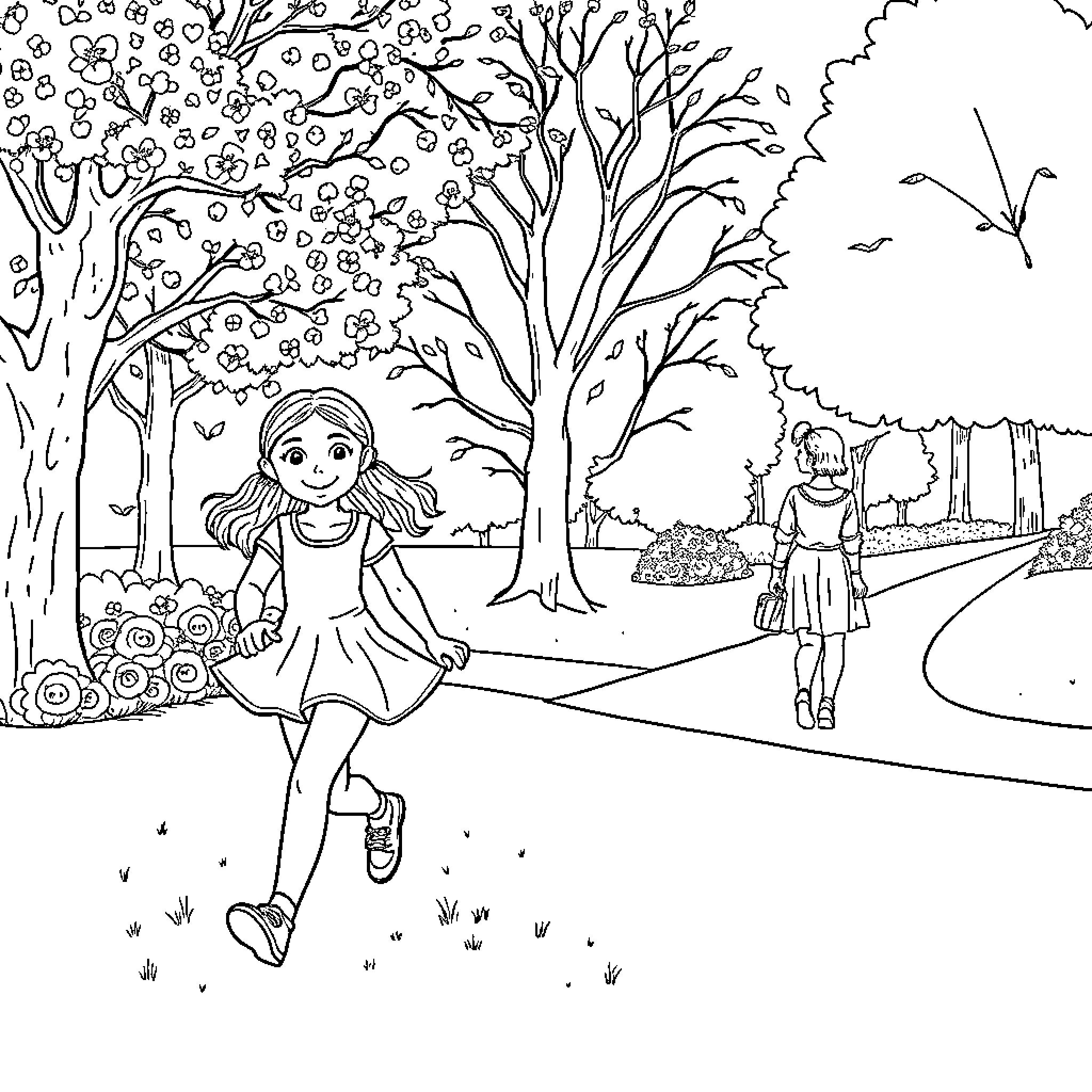 Young Girl Exploring Whimsical Forest Landscape Coloring Page (free black-and-white line drawing printable PDF for all, from beginners to advanced learners, including children, teens, adults, and seniors)