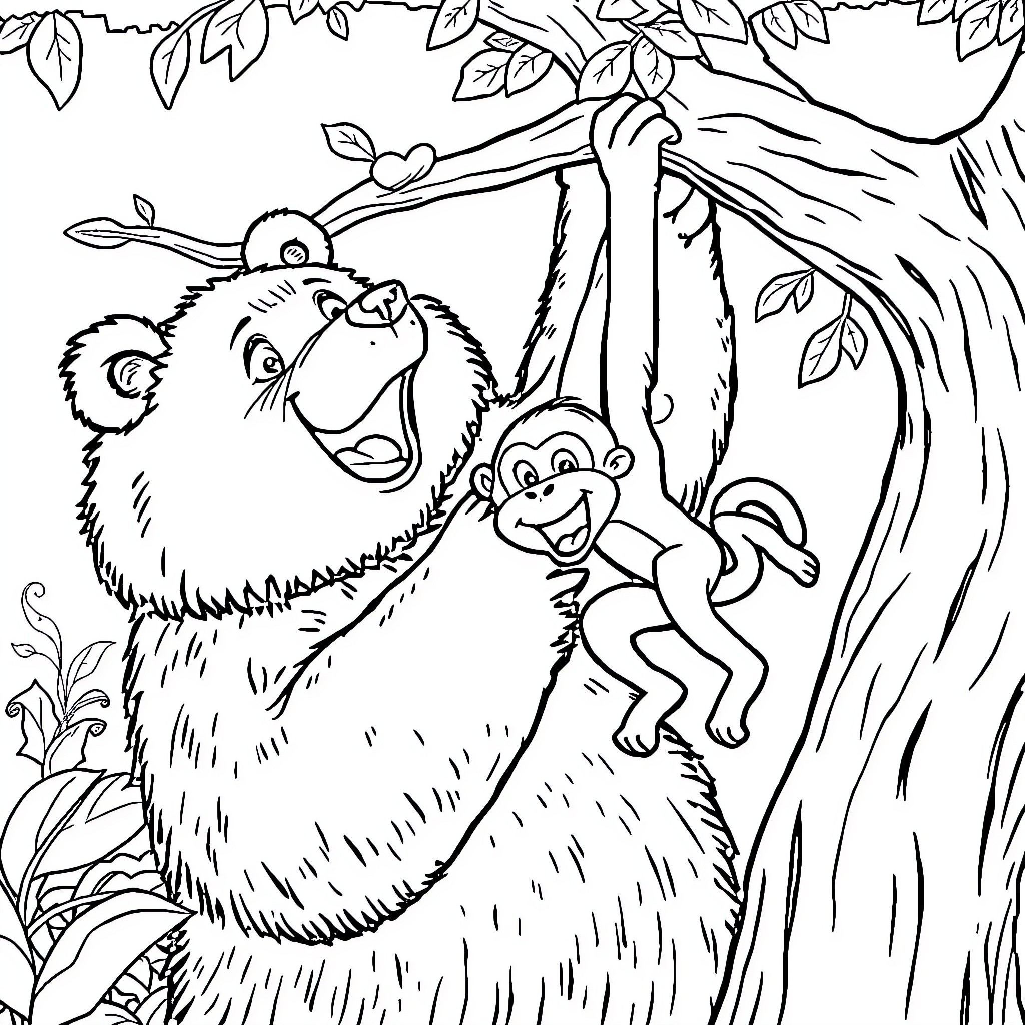Bear and Baby Monkeys in Forest Coloring Page (free black-and-white line drawing printable PDF for all, from beginners to advanced learners, including children, teens, adults, and seniors)