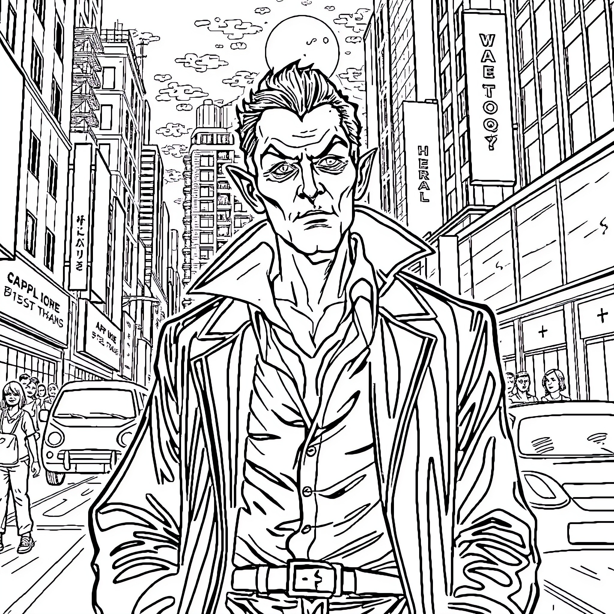 Vampire Stalks the City Streets Coloring Page (free black-and-white line drawing printable PDF for all, from beginners to advanced learners, including children, teens, adults, and seniors)