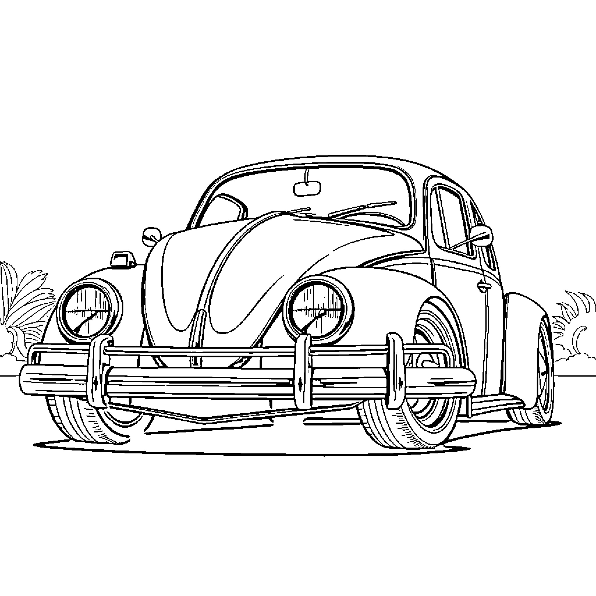 Lowrider Vintage Volkswagen Beetle on the Road Coloring Page (free black-and-white line drawing printable PDF for all, from beginners to advanced learners, including children, teens, adults, and seniors)