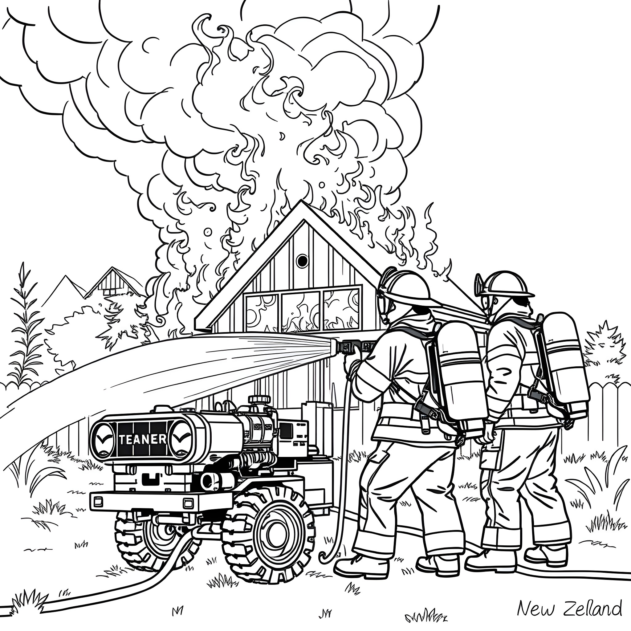 Firefighters battling a blaze at a rural structure Coloring Page (free black-and-white line drawing printable PDF for all, from beginners to advanced learners, including children, teens, adults, and seniors)