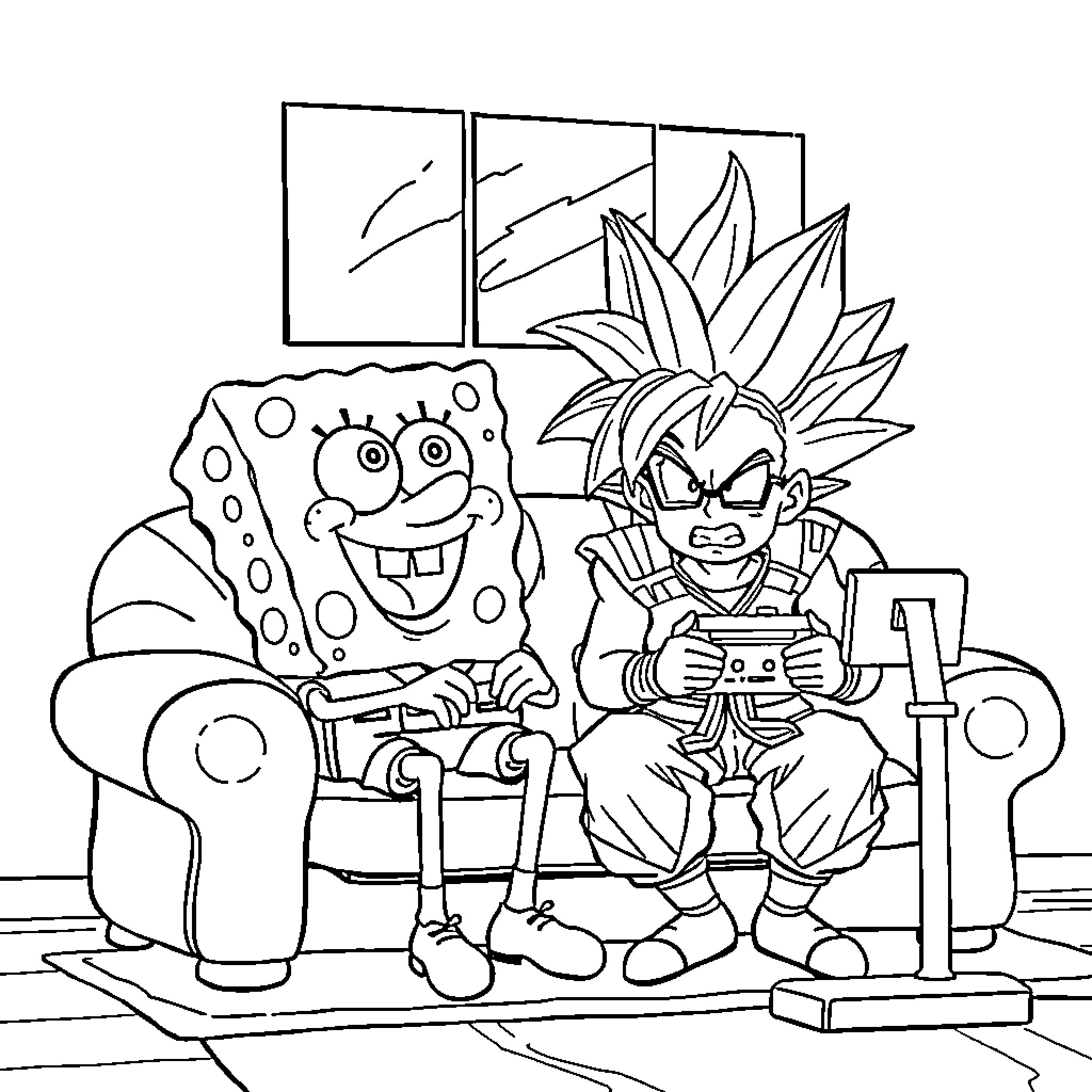Spongebob and Goku relaxing on the couch Coloring Page (free black-and-white line drawing printable PDF for all, from beginners to advanced learners, including children, teens, adults, and seniors)