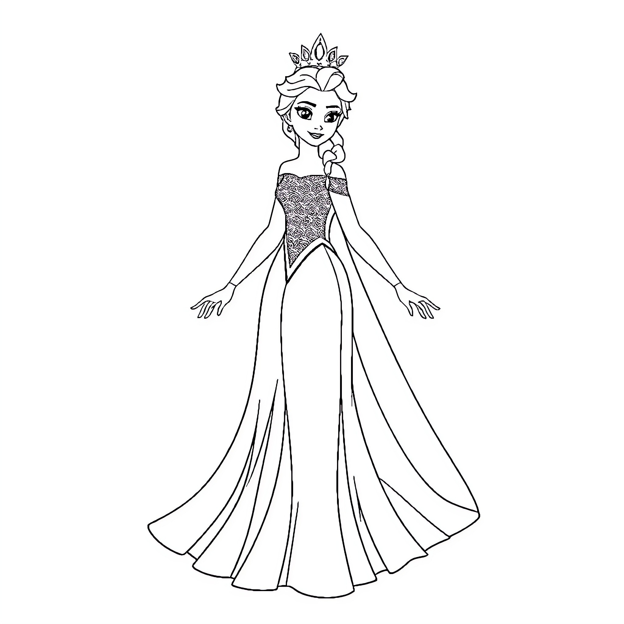 Elsa in a Majestic Gown and Crown Coloring Page (free black-and-white line drawing printable PDF for all, from beginners to advanced learners, including children, teens, adults, and seniors)