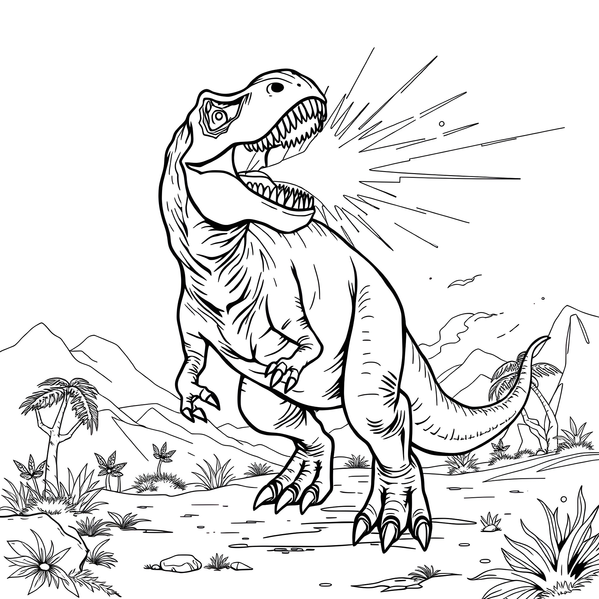 Dinosaur roaring fiercely in prehistoric landscape Coloring Page (free black-and-white line drawing printable PDF for all, from beginners to advanced learners, including children, teens, adults, and seniors)