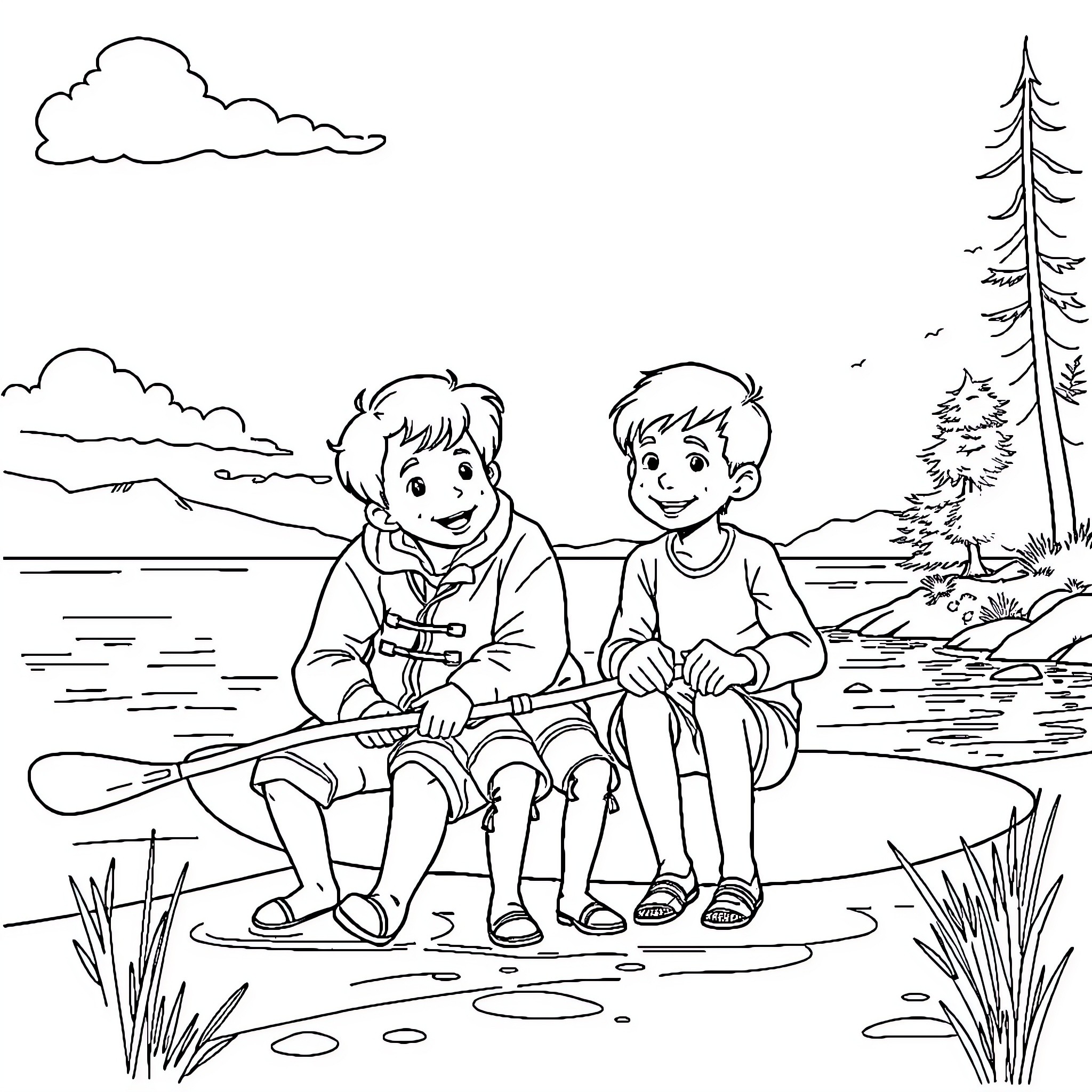 Enfant enjoying outdoor activities with friends Coloring Page (free black-and-white line drawing printable PDF for all, from beginners to advanced learners, including children, teens, adults, and seniors)
