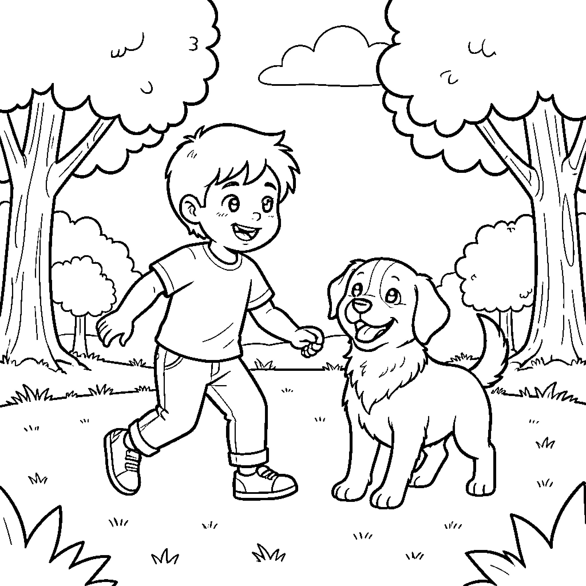 Kid walking joyfully with a friendly puppy Coloring Page (free black-and-white line drawing printable PDF for all, from beginners to advanced learners, including children, teens, adults, and seniors)