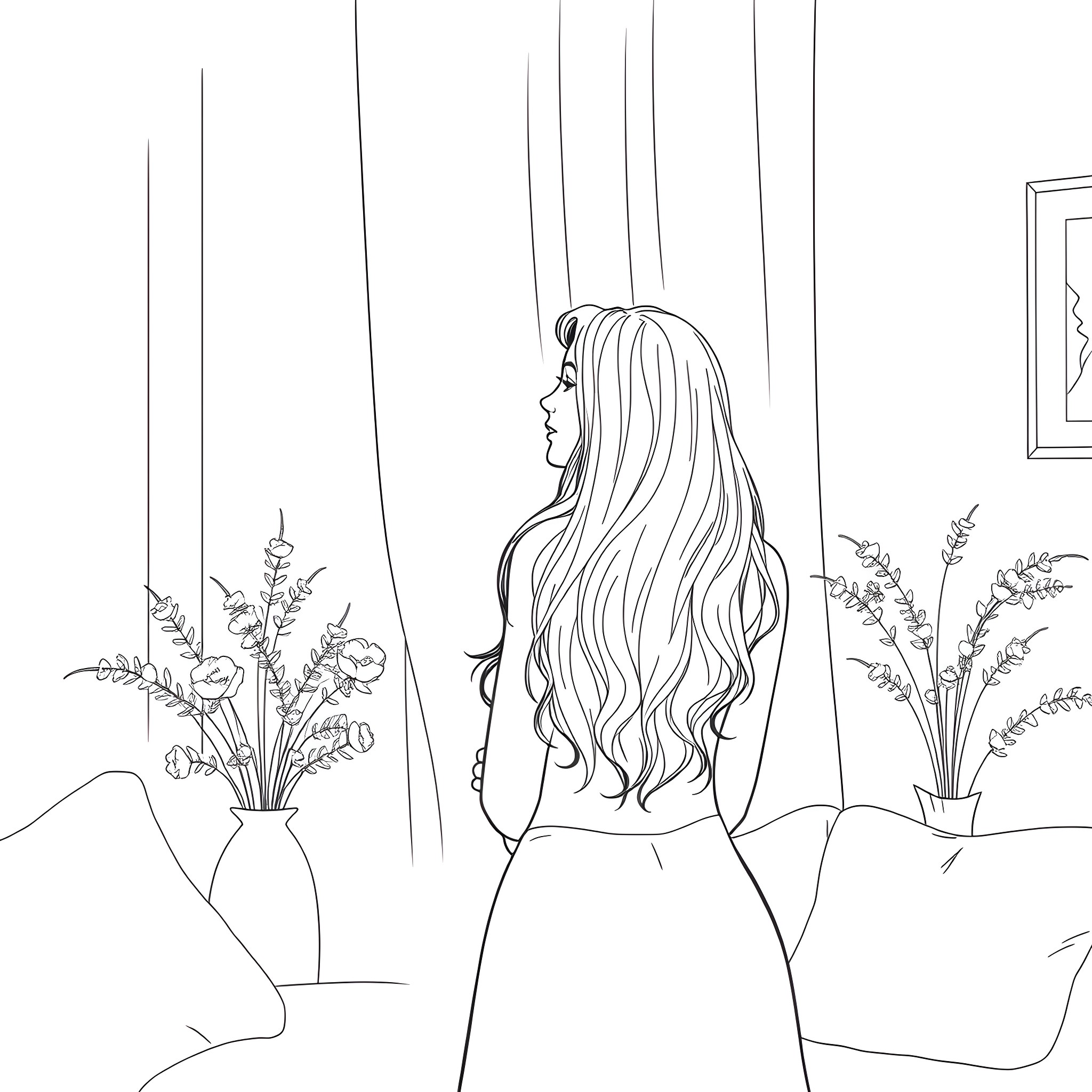 Wife admiring her reflection in the mirror Coloring Page (free black-and-white line drawing printable PDF for all, from beginners to advanced learners, including children, teens, adults, and seniors)