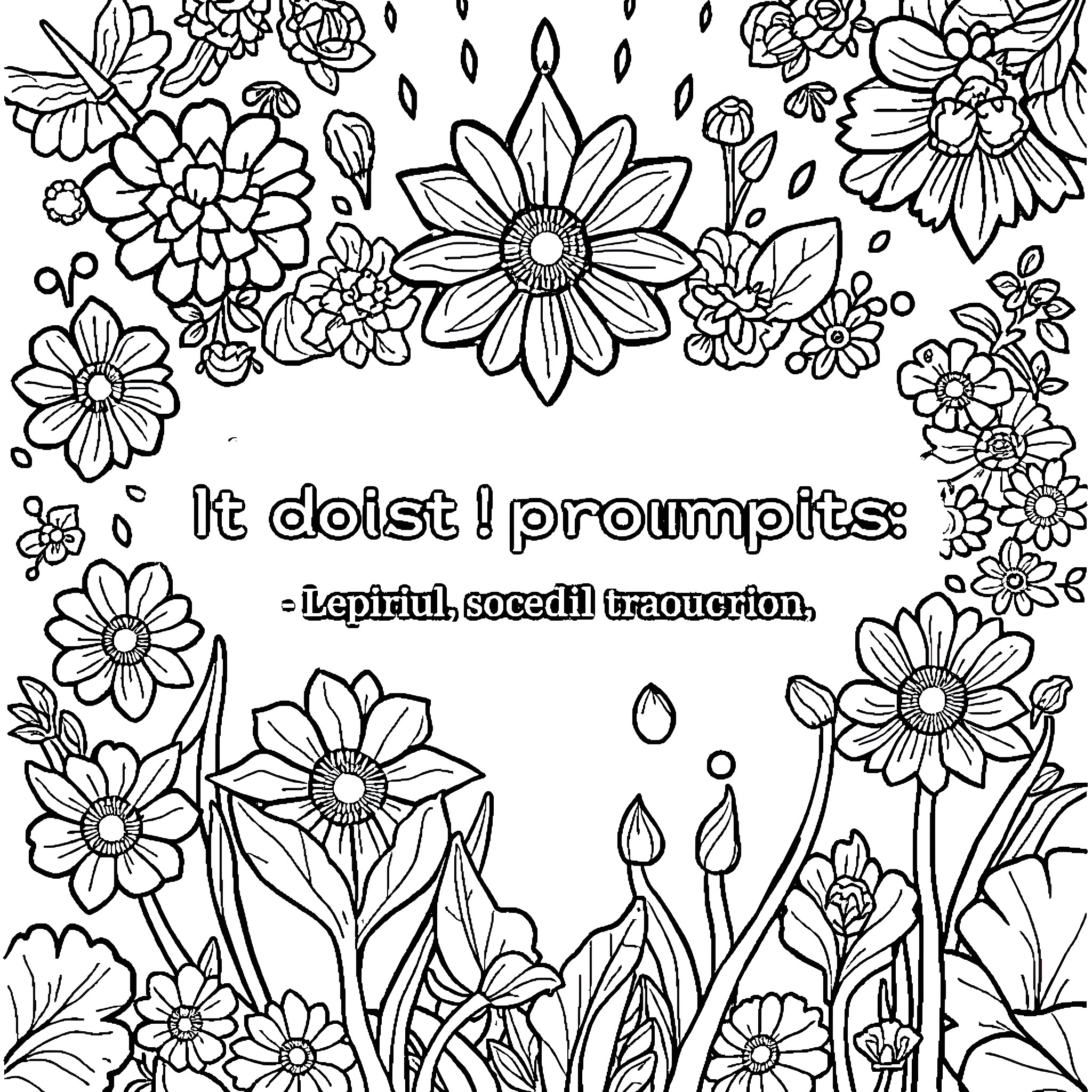GPT Prompt Floral scene with inspirational quote Coloring Page (free black-and-white line drawing printable PDF for all, from beginners to advanced learners, including children, teens, adults, and seniors)