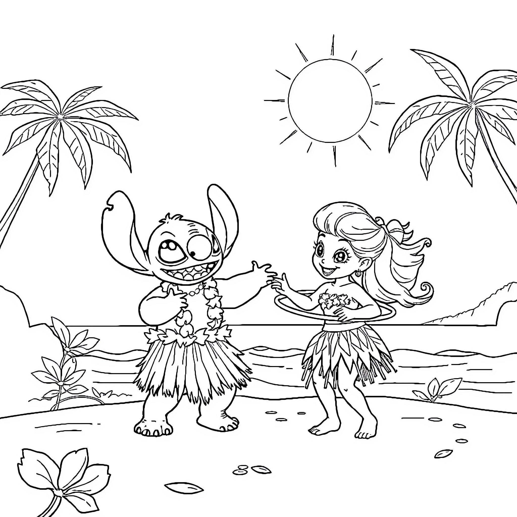 Stitch and friend dancing on tropical beach Coloring Page (free black-and-white line drawing printable PDF for all, from beginners to advanced learners, including children, teens, adults, and seniors)
