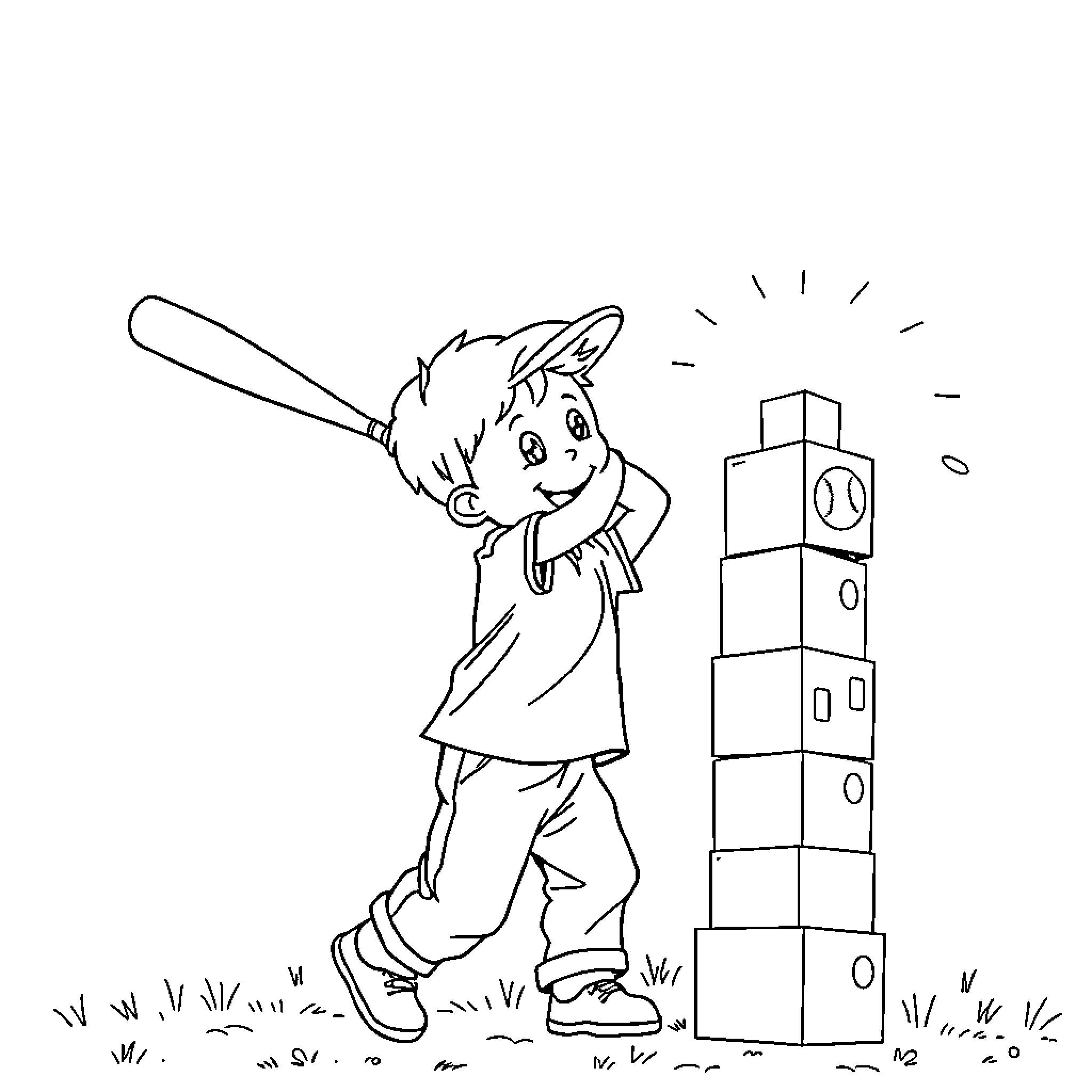 Toddler playing baseball near a skyscraper Coloring Page (free black-and-white line drawing printable PDF for all, from beginners to advanced learners, including children, teens, adults, and seniors)