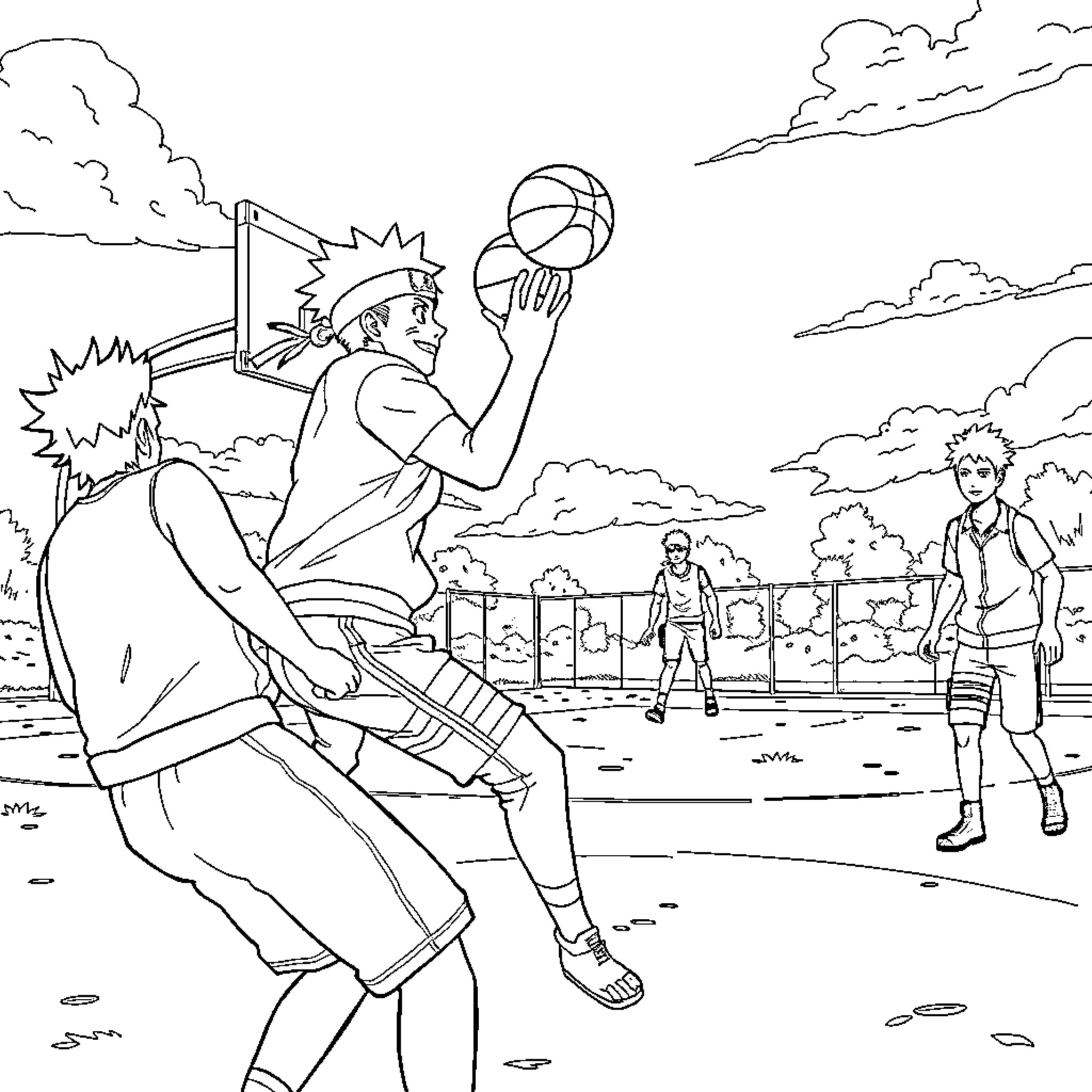 Naruto characters playing basketball outdoors Coloring Page (free black-and-white line drawing printable PDF for all, from beginners to advanced learners, including children, teens, adults, and seniors)