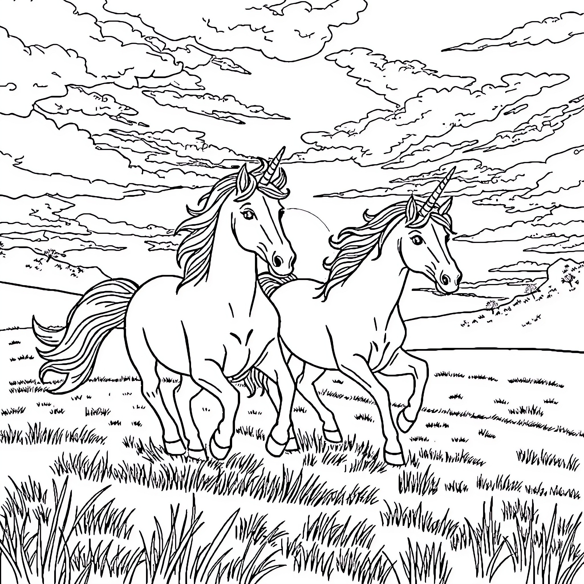 Unicorn friends galloping through the enchanted meadow Coloring Page (free black-and-white line drawing printable PDF for all, from beginners to advanced learners, including children, teens, adults, and seniors)