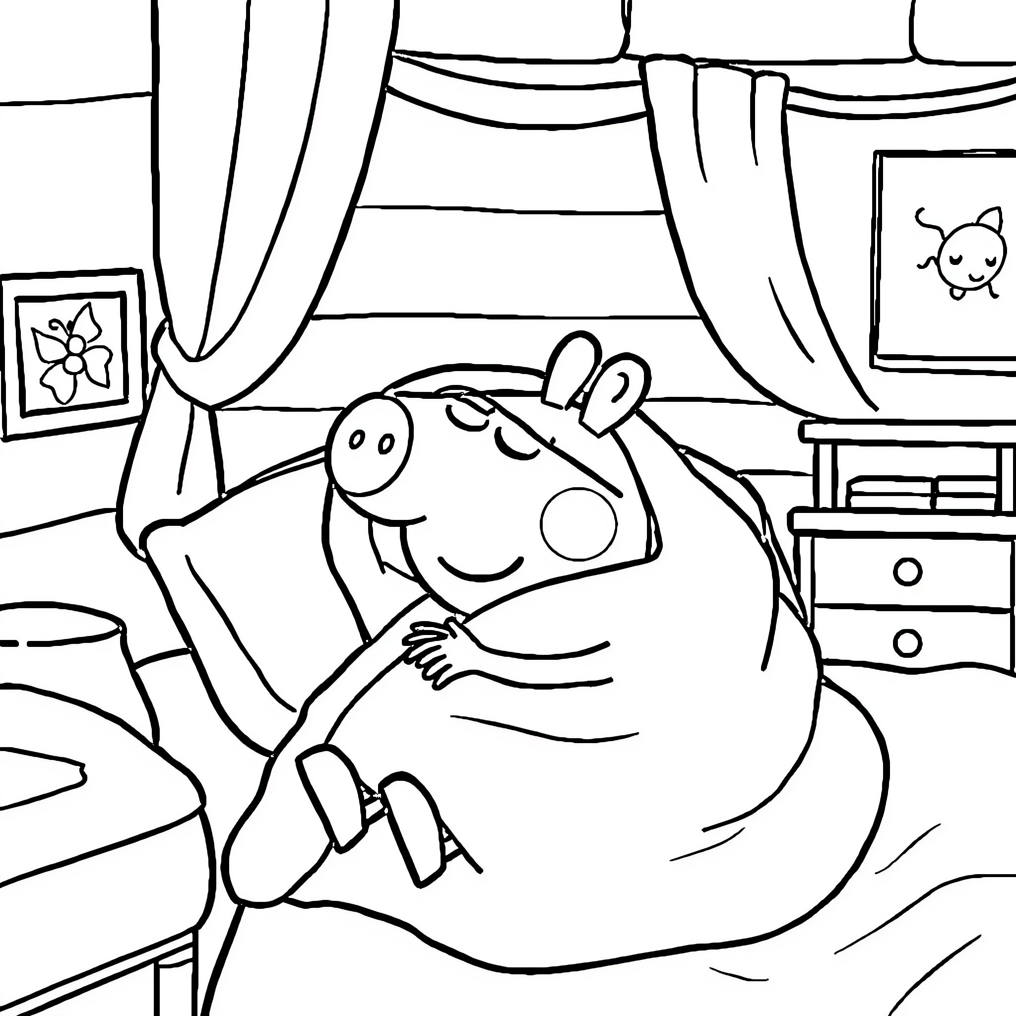 Peppa Pig relaxing comfortably in her bedroom Coloring Page (free black-and-white line drawing printable PDF for all, from beginners to advanced learners, including children, teens, adults, and seniors)
