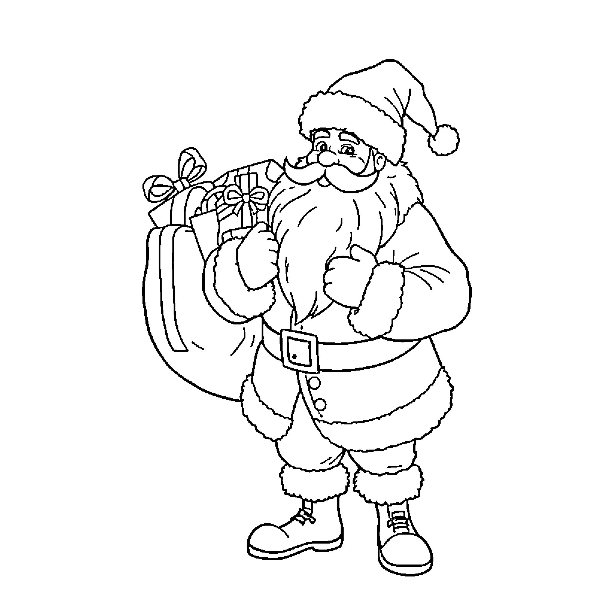 Santa Claus carrying a sack of gifts Coloring Page (free black-and-white line drawing printable PDF for all, from beginners to advanced learners, including children, teens, adults, and seniors)
