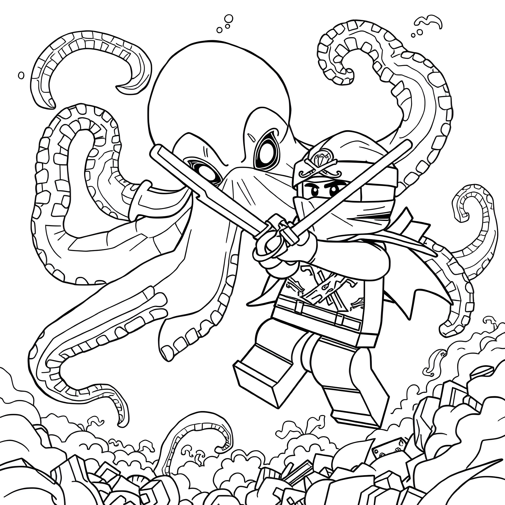 Lego Ninjago: Ninja warrior fighting against giant octopus Coloring Page (free black-and-white line drawing printable PDF for all, from beginners to advanced learners, including children, teens, adults, and seniors)