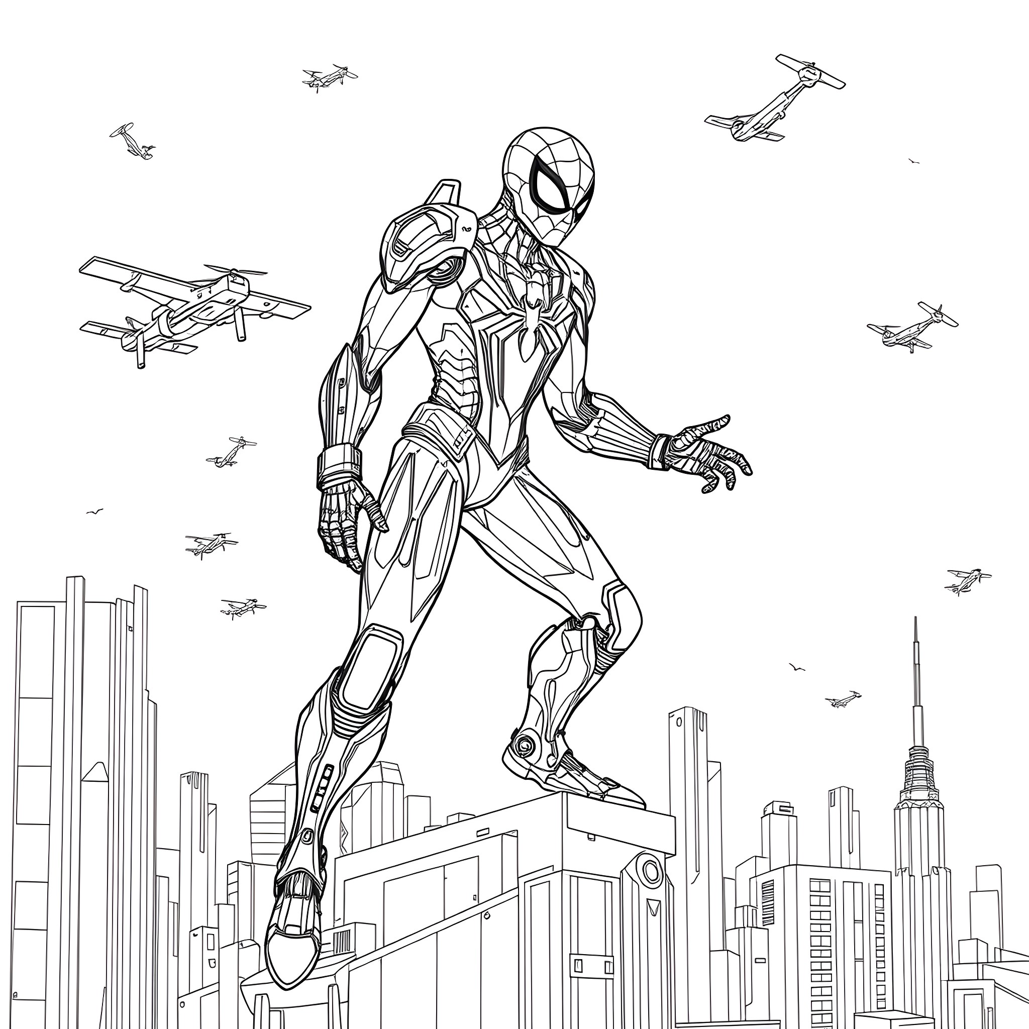 Mecha Spiderman soaring over a futuristic cityscape Coloring Page (free black-and-white line drawing printable PDF for all, from beginners to advanced learners, including children, teens, adults, and seniors)
