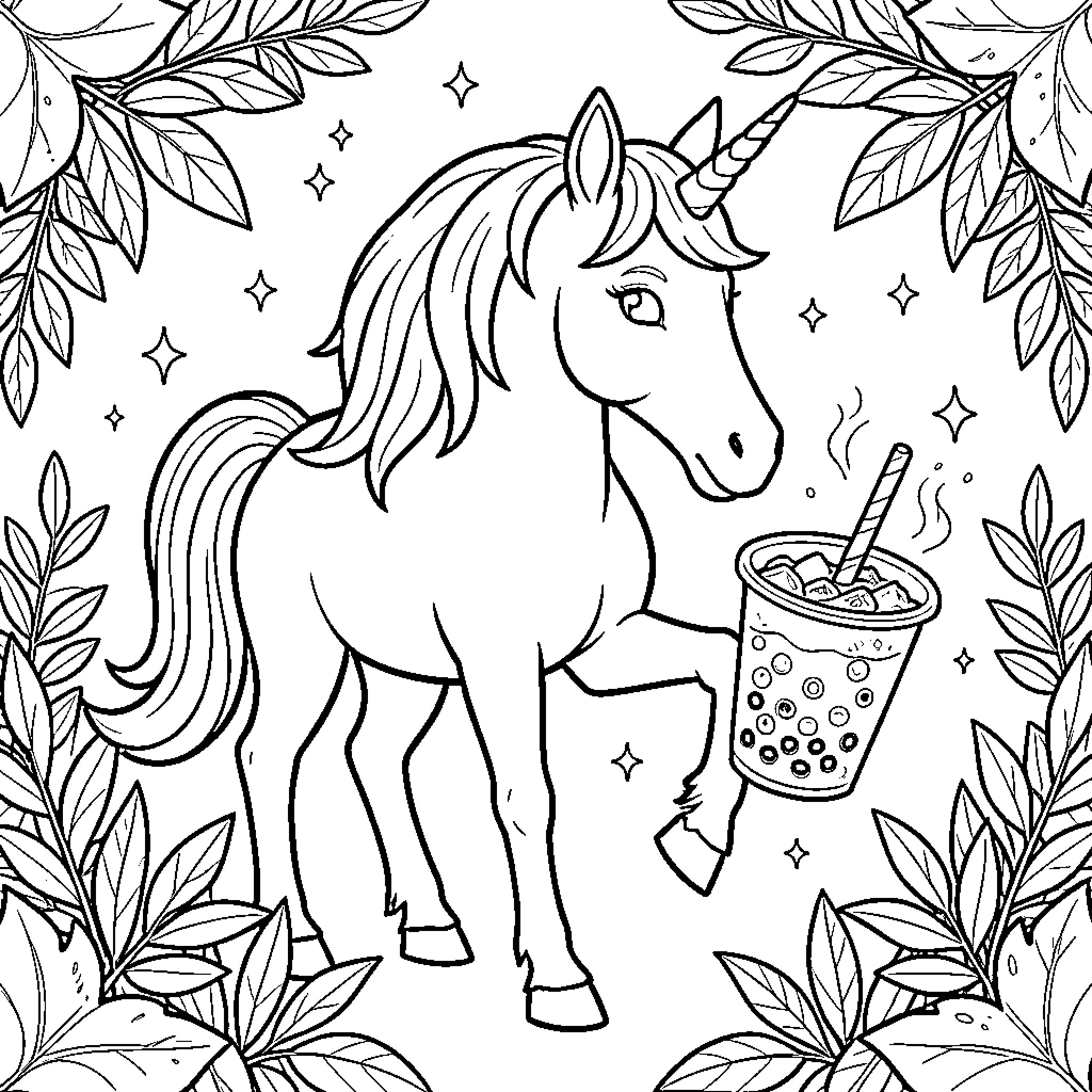 Unicorn enjoying a magical beverage in nature Coloring Page (free black-and-white line drawing printable PDF for all, from beginners to advanced learners, including children, teens, adults, and seniors)