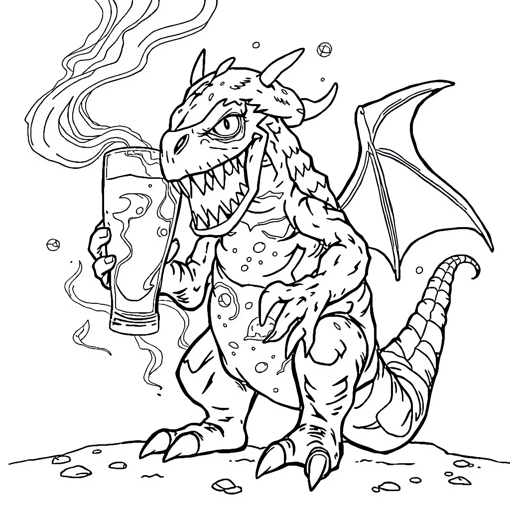 Monster Dragon Enjoying a Mug of Ale Coloring Page (free black-and-white line drawing printable PDF for all, from beginners to advanced learners, including children, teens, adults, and seniors)