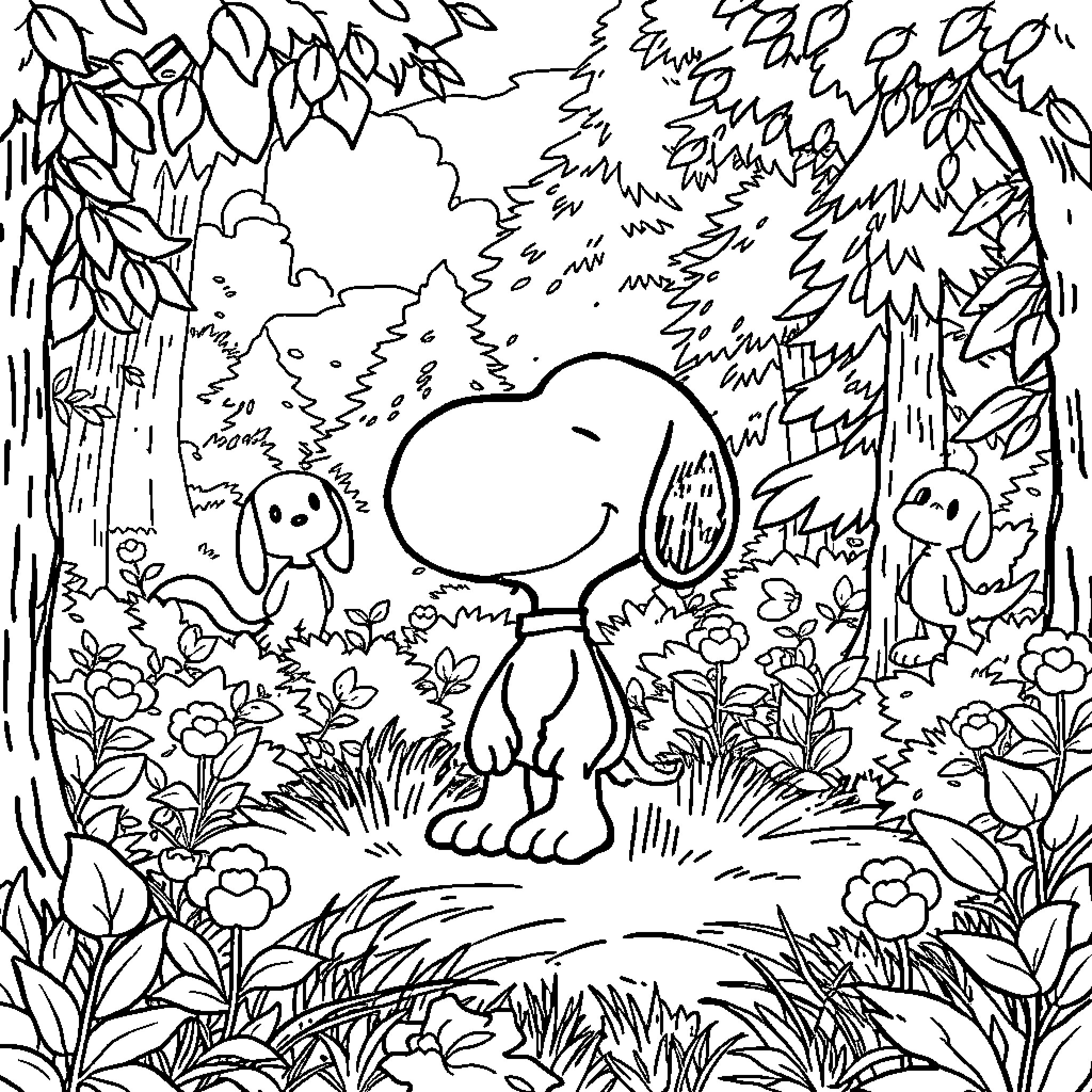 Snoopy enjoying a peaceful moment in the forest Coloring Page (free black-and-white line drawing printable PDF for all, from beginners to advanced learners, including children, teens, adults, and seniors)