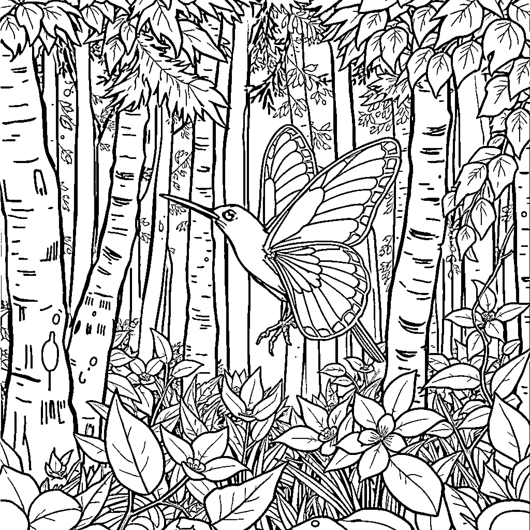 Pumpkin Hummingbird in Enchanted Forest Coloring Page (free black-and-white line drawing printable PDF for all, from beginners to advanced learners, including children, teens, adults, and seniors)