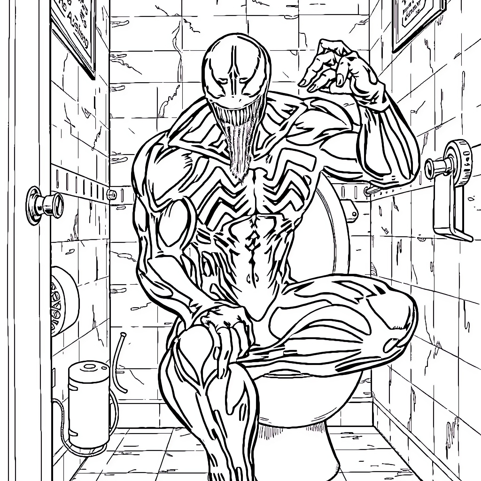 Venom's Menacing Presence in the Bathroom Coloring Page (free black-and-white line drawing printable PDF for all, from beginners to advanced learners, including children, teens, adults, and seniors)