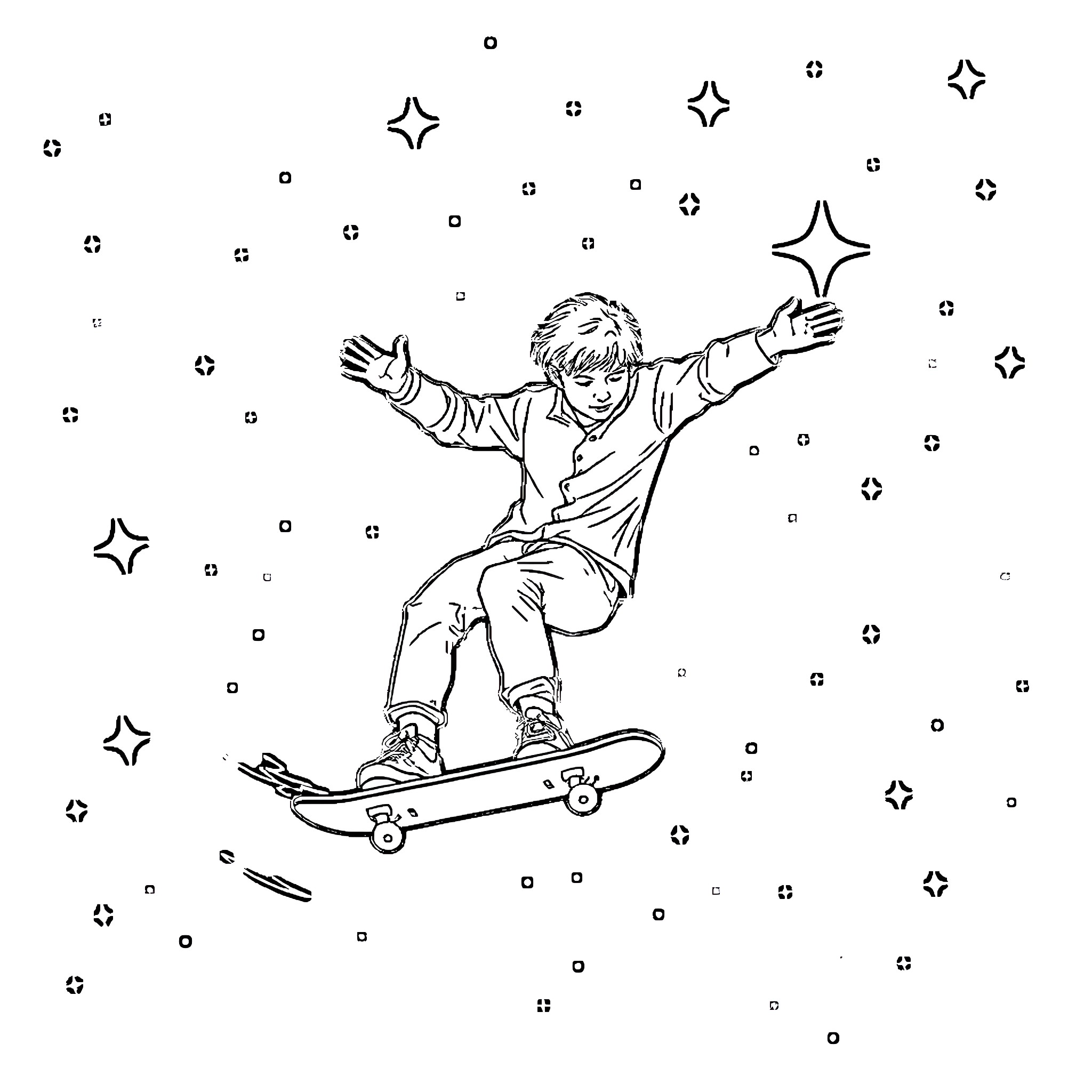 Ed Sheeran skateboarding among the stars Coloring Page (free black-and-white line drawing printable PDF for all, from beginners to advanced learners, including children, teens, adults, and seniors)