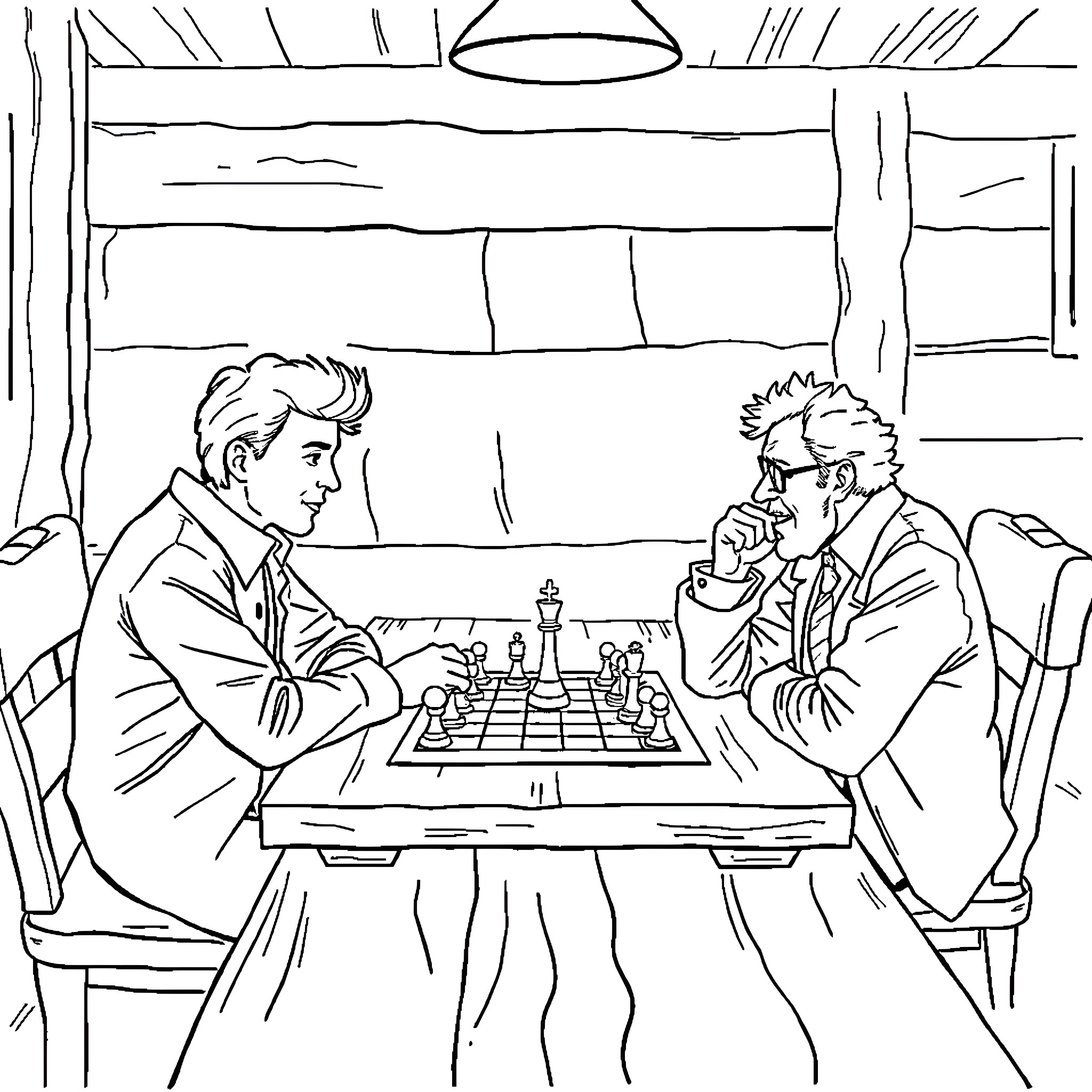 Marty's Strategic Chess Match Coloring Page (free black-and-white line drawing printable PDF for all, from beginners to advanced learners, including children, teens, adults, and seniors)