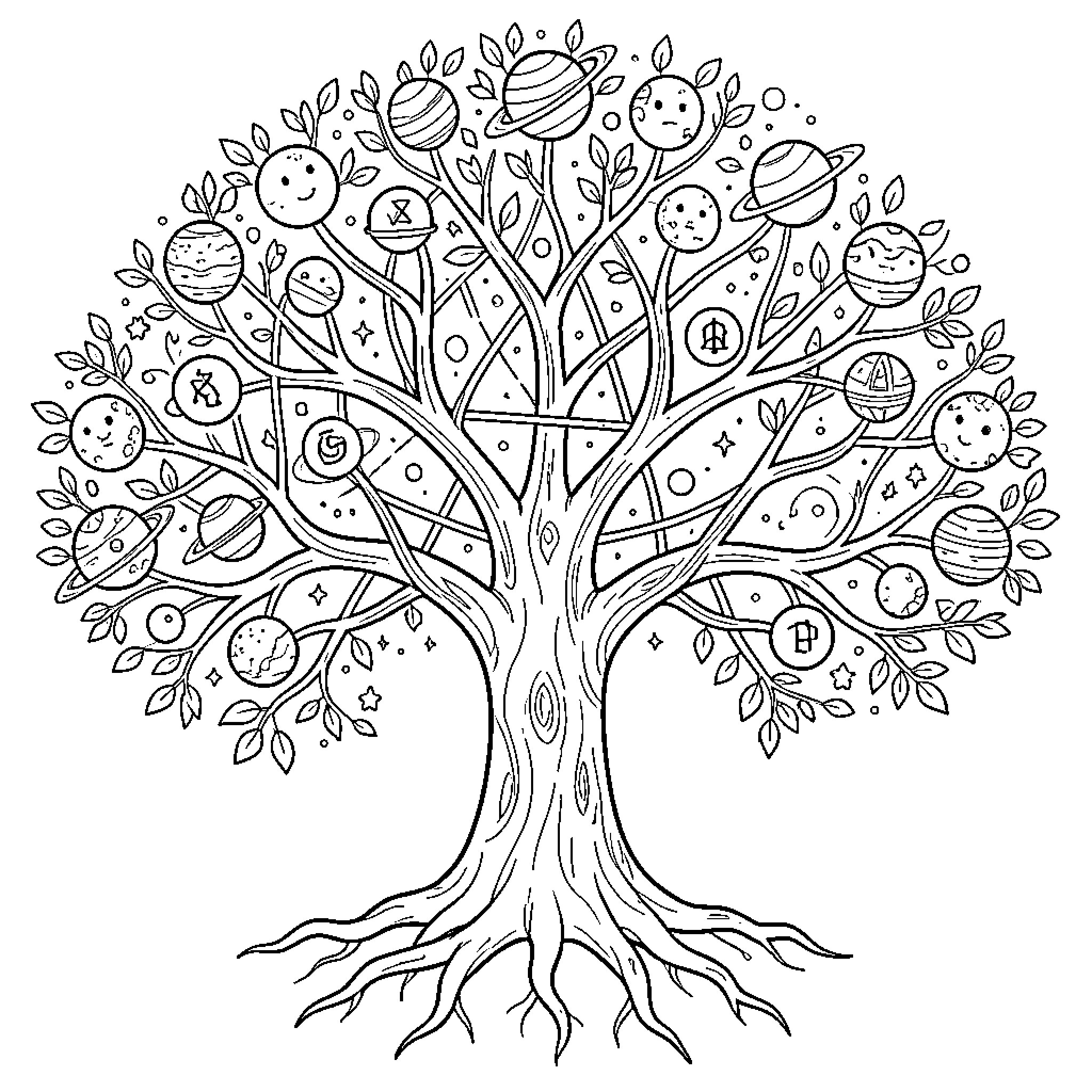 Tree with Whimsical Celestial Imagery Coloring Page (free black-and-white line drawing printable PDF for all, from beginners to advanced learners, including children, teens, adults, and seniors)