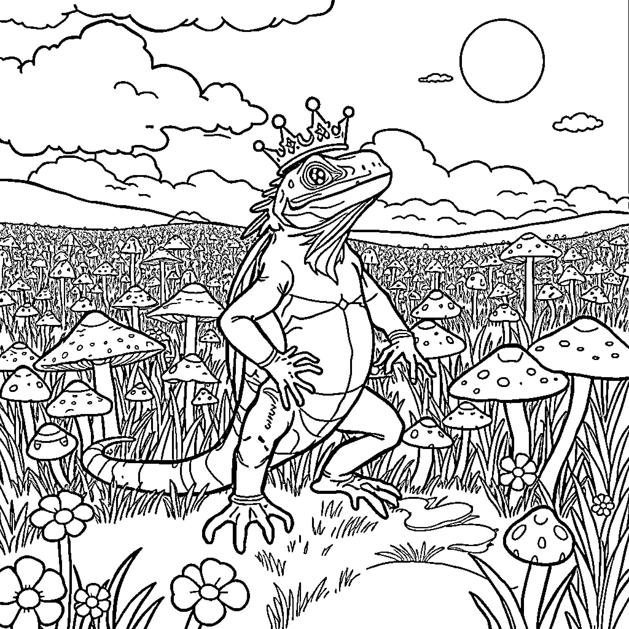 Lizard Monarch Ruling Over Enchanted Mushroom Meadow Coloring Page (free black-and-white line drawing printable PDF for all, from beginners to advanced learners, including children, teens, adults, and seniors)