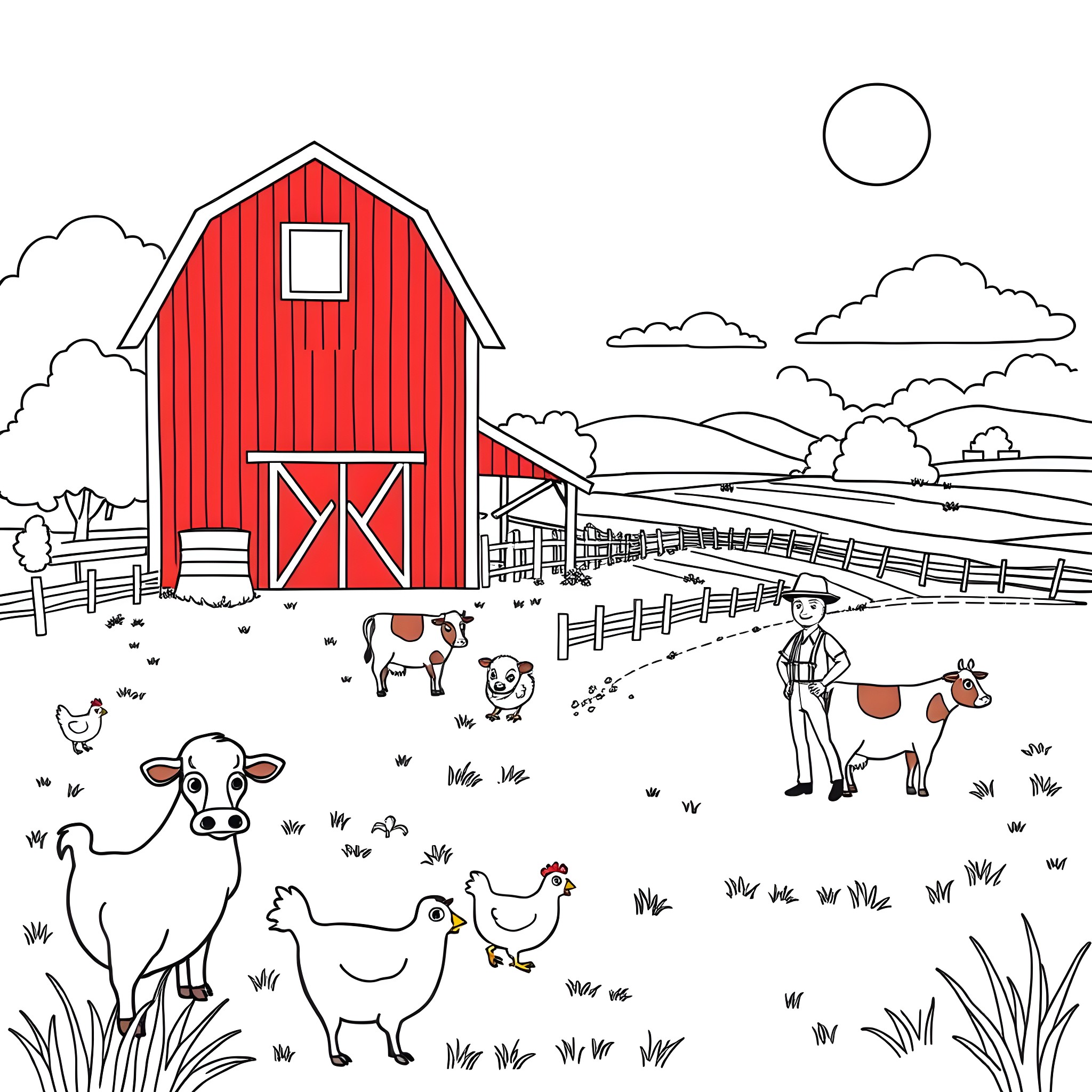 Farm Scene with Red Barn and Animals Coloring Page (free black-and-white line drawing printable PDF for all, from beginners to advanced learners, including children, teens, adults, and seniors)