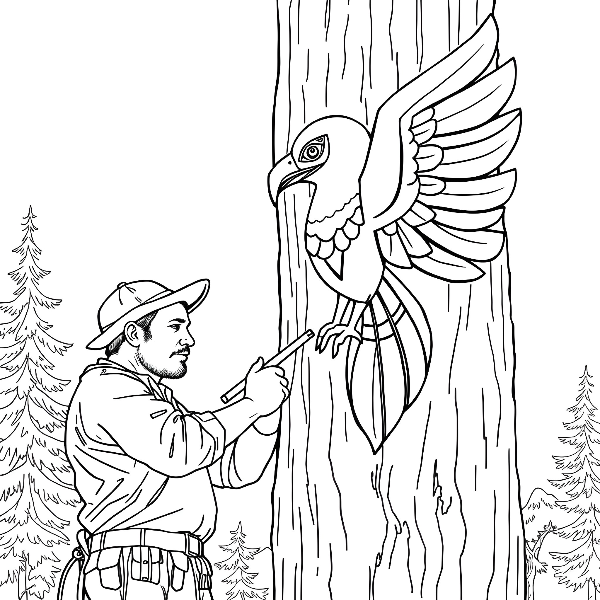 Thunderbird carving a wooden sculpture in the forest Coloring Page (free black-and-white line drawing printable PDF for all, from beginners to advanced learners, including children, teens, adults, and seniors)