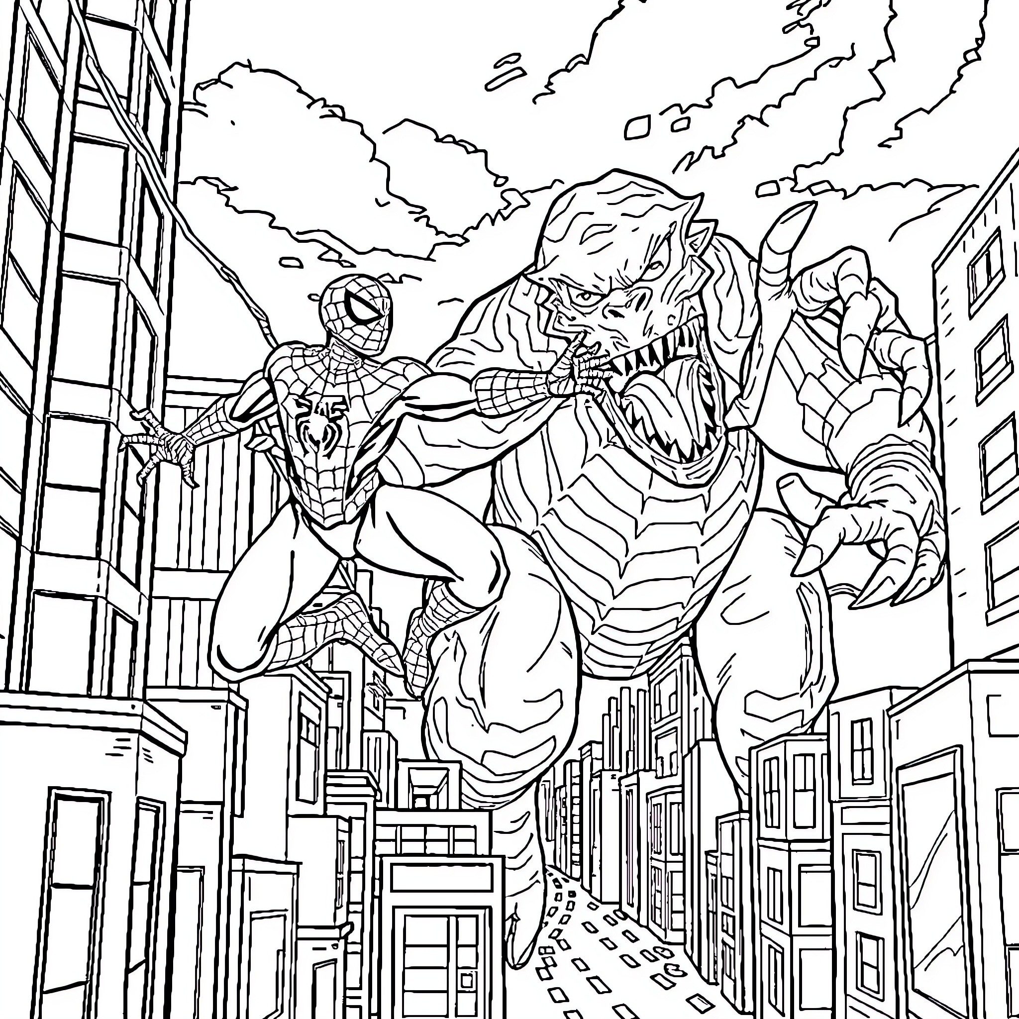 Spiderman confronting a monstrous villain in the city Coloring Page (free black-and-white line drawing printable PDF for all, from beginners to advanced learners, including children, teens, adults, and seniors)