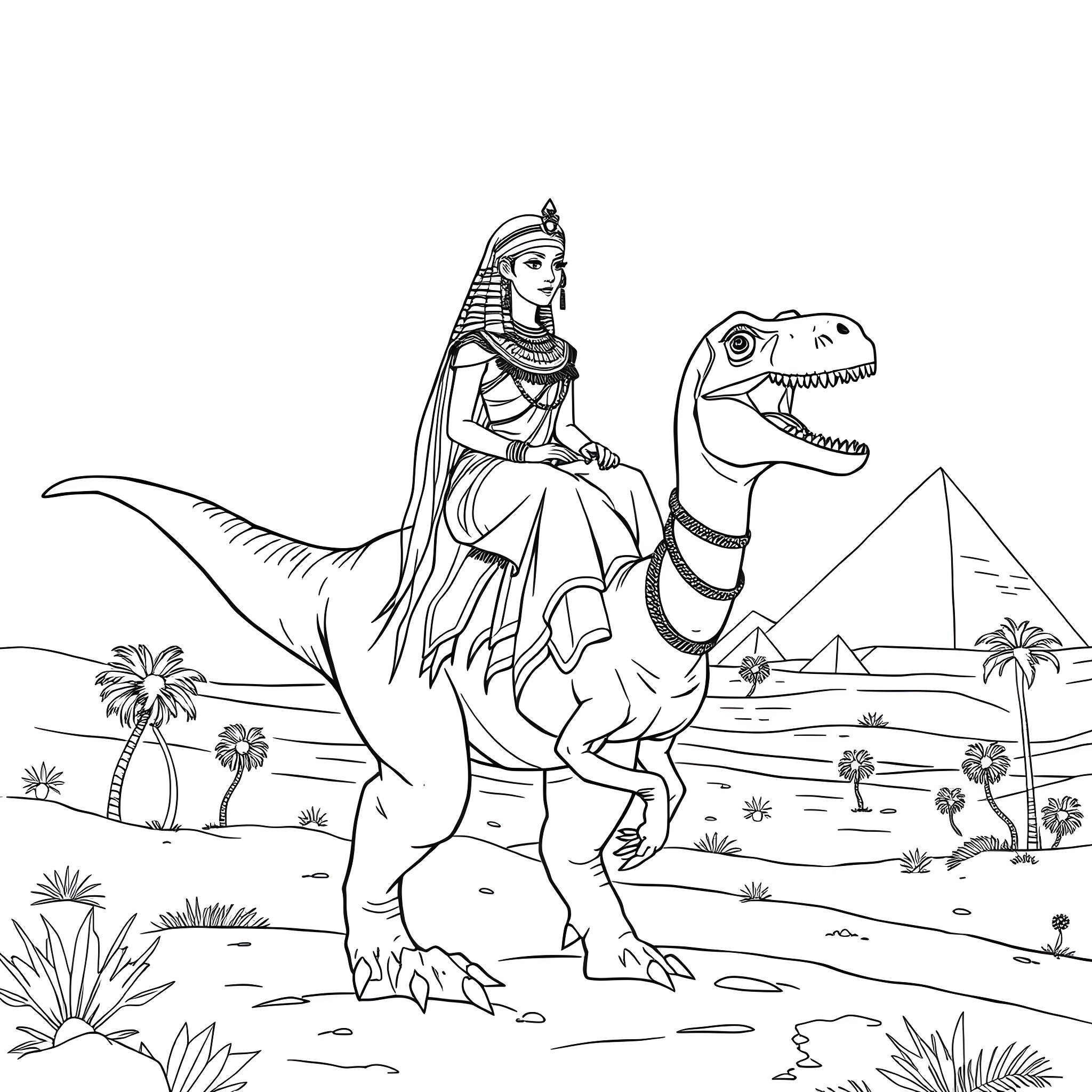 Cleopatra riding a dinosaur in ancient Egypt Coloring Page (free black-and-white line drawing printable PDF for all, from beginners to advanced learners, including children, teens, adults, and seniors)