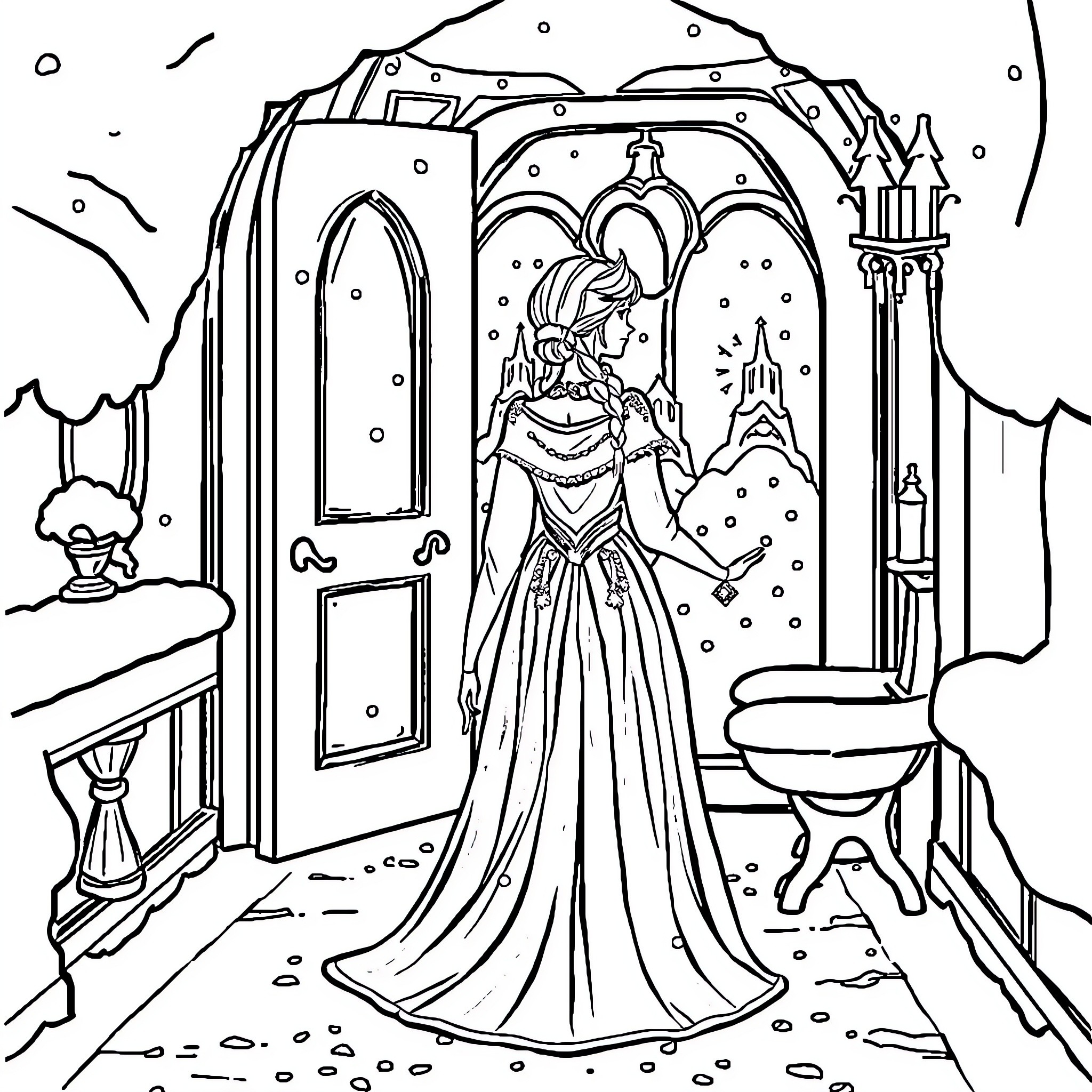 Queen in elegant gown standing in enchanted castle Coloring Page (free black-and-white line drawing printable PDF for all, from beginners to advanced learners, including children, teens, adults, and seniors)