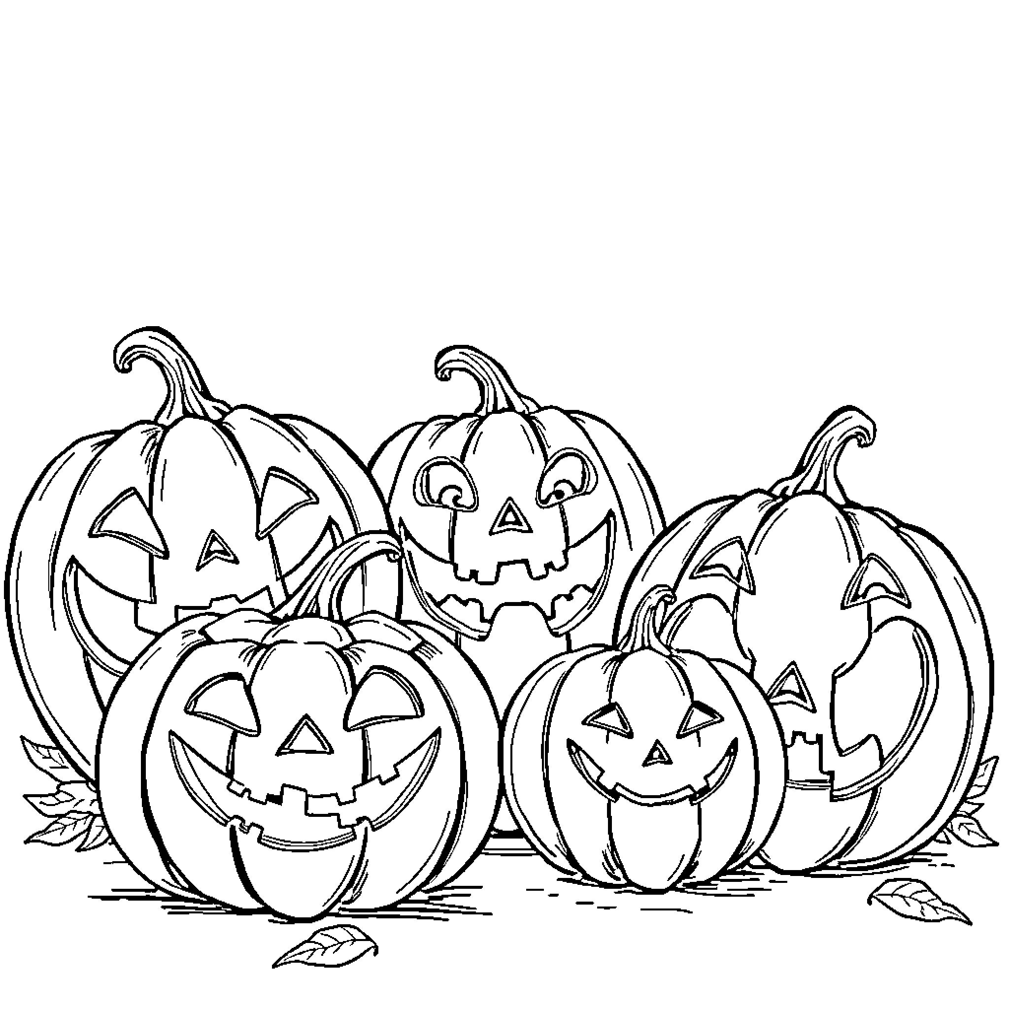 Pumpkins with carved faces in a group Coloring Page (free black-and-white line drawing printable PDF for all, from beginners to advanced learners, including children, teens, adults, and seniors)