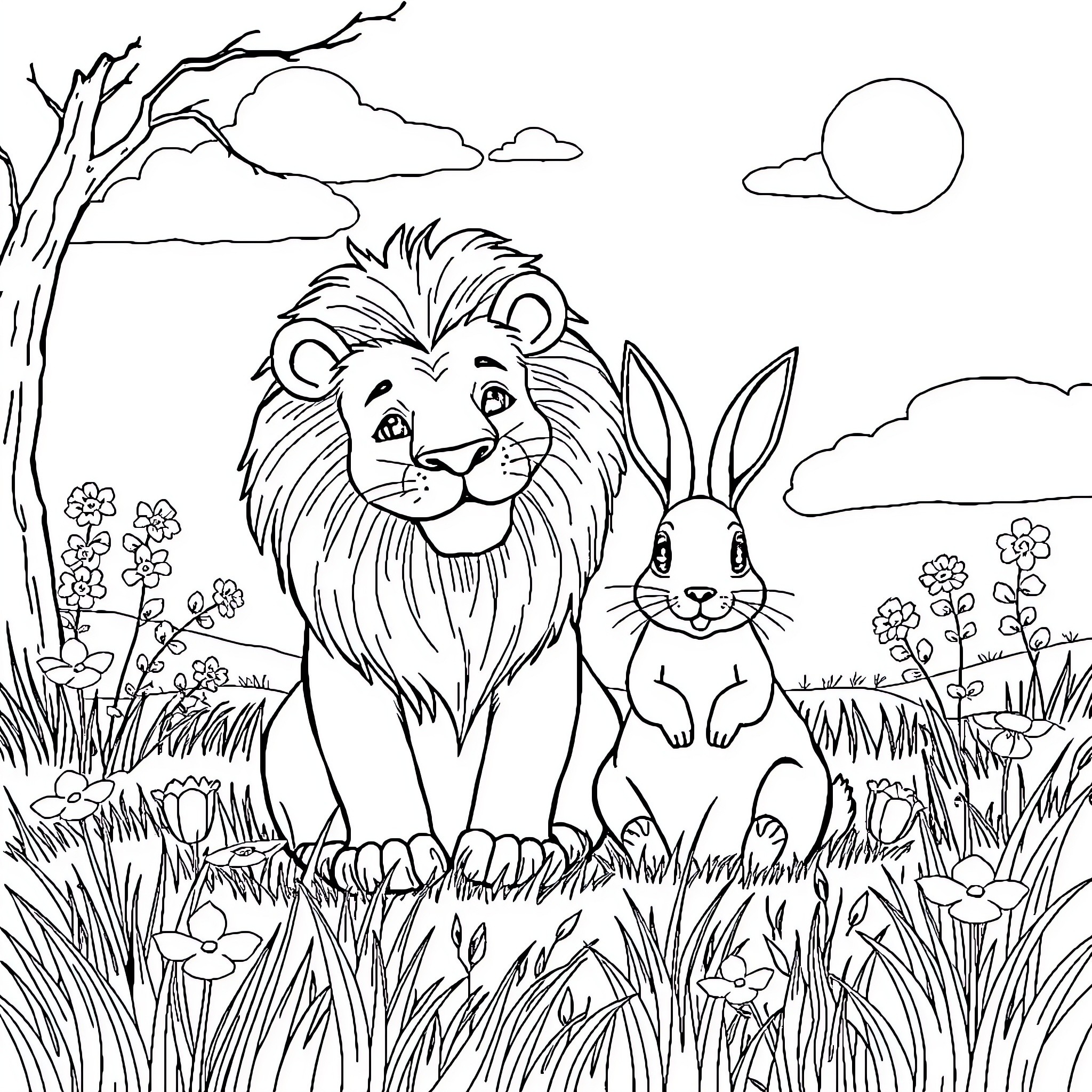 Lion and Rabbit in Nature Scene Coloring Page (free black-and-white line drawing printable PDF for all, from beginners to advanced learners, including children, teens, adults, and seniors)