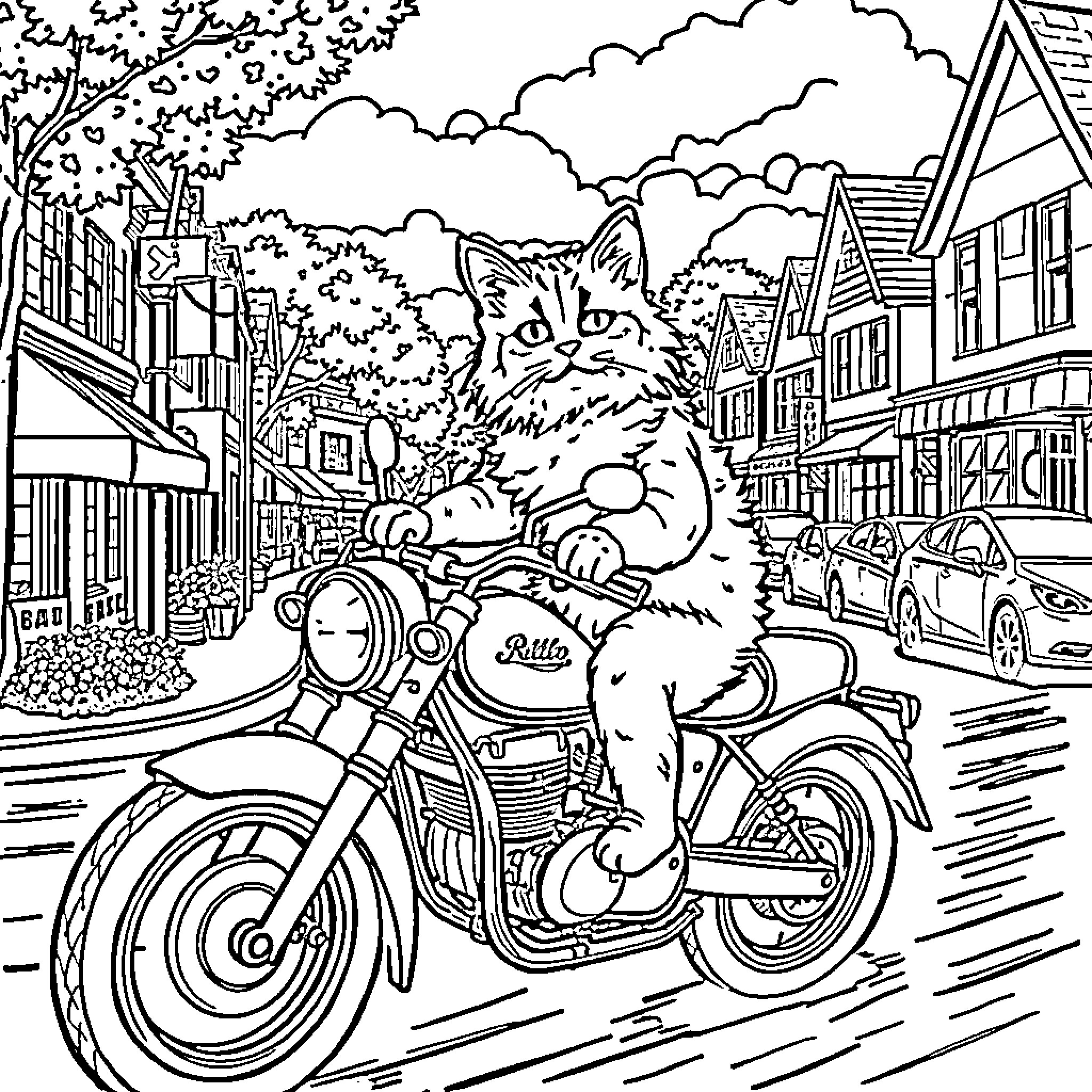 Cat Riding Motorcycle in Town Coloring Page (free black-and-white line drawing printable PDF for all, from beginners to advanced learners, including children, teens, adults, and seniors)