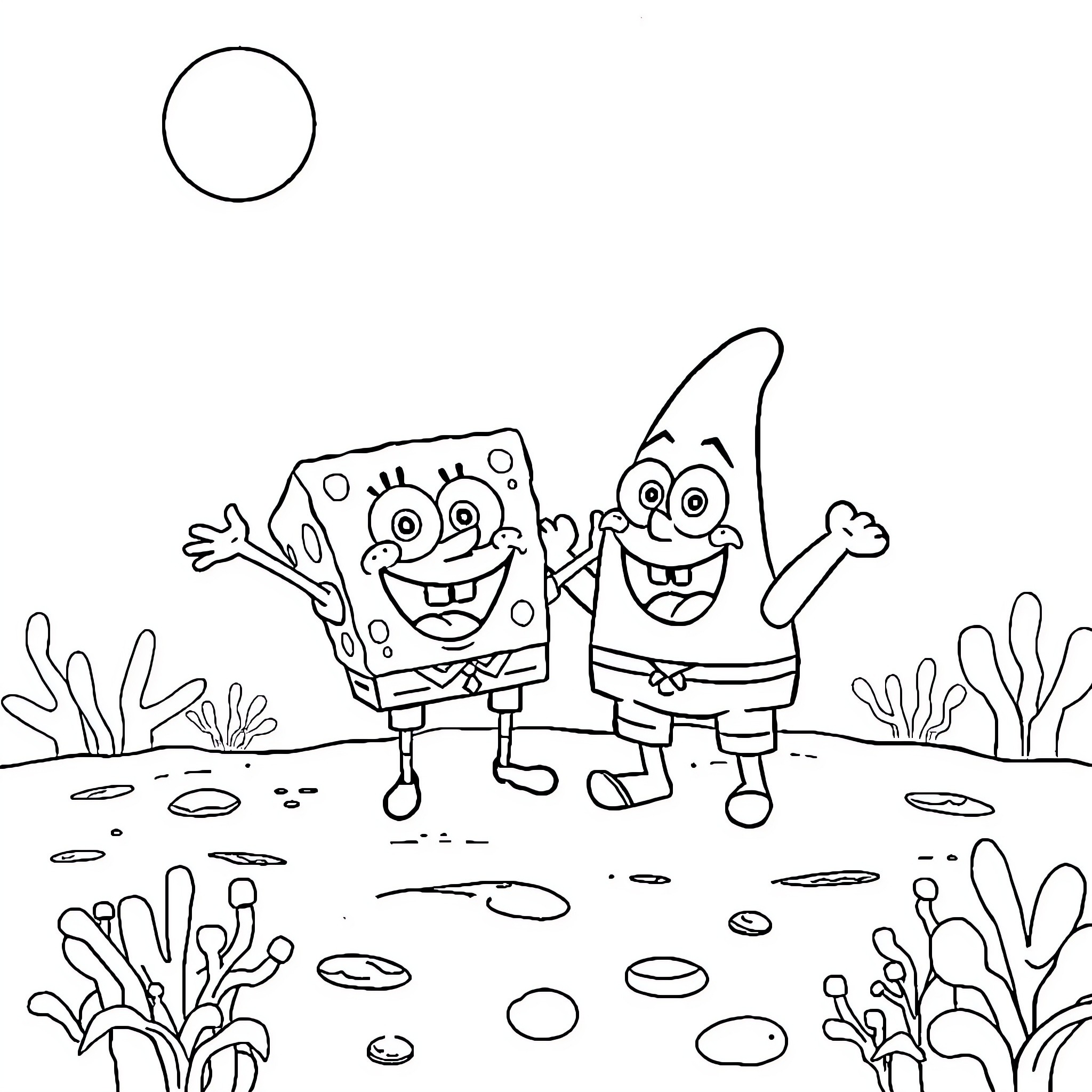 Spongebob and Patrick having fun outdoors Coloring Page (free black-and-white line drawing printable PDF for all, from beginners to advanced learners, including children, teens, adults, and seniors)