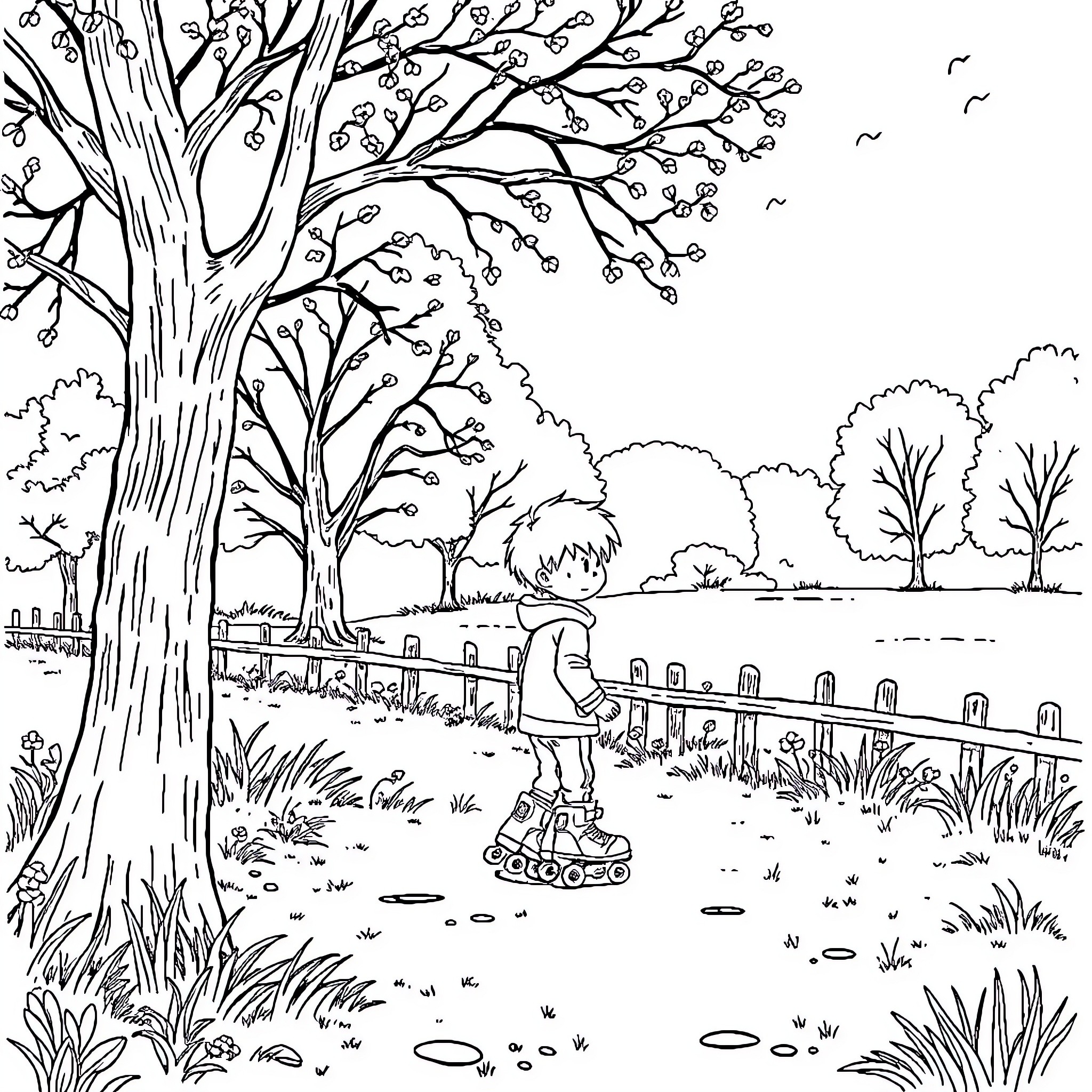 Boy playing with toy in peaceful park landscape Coloring Page (free black-and-white line drawing printable PDF for all, from beginners to advanced learners, including children, teens, adults, and seniors)