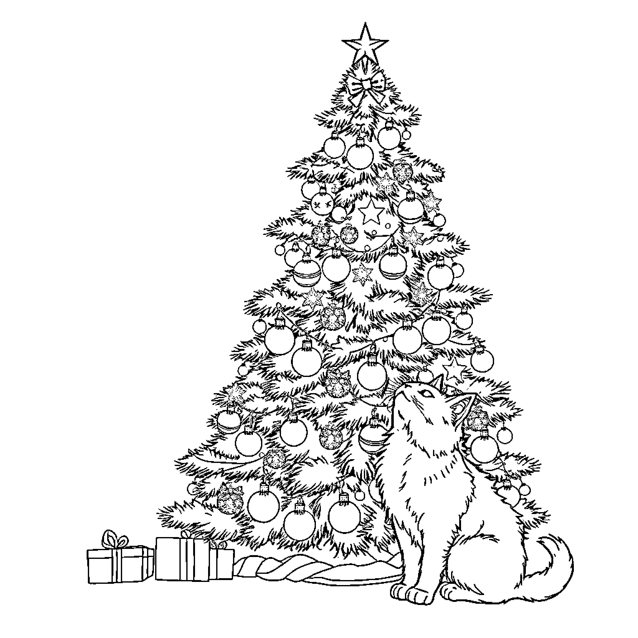 Cat admiring the Christmas tree Coloring Page (free black-and-white line drawing printable PDF for all, from beginners to advanced learners, including children, teens, adults, and seniors)