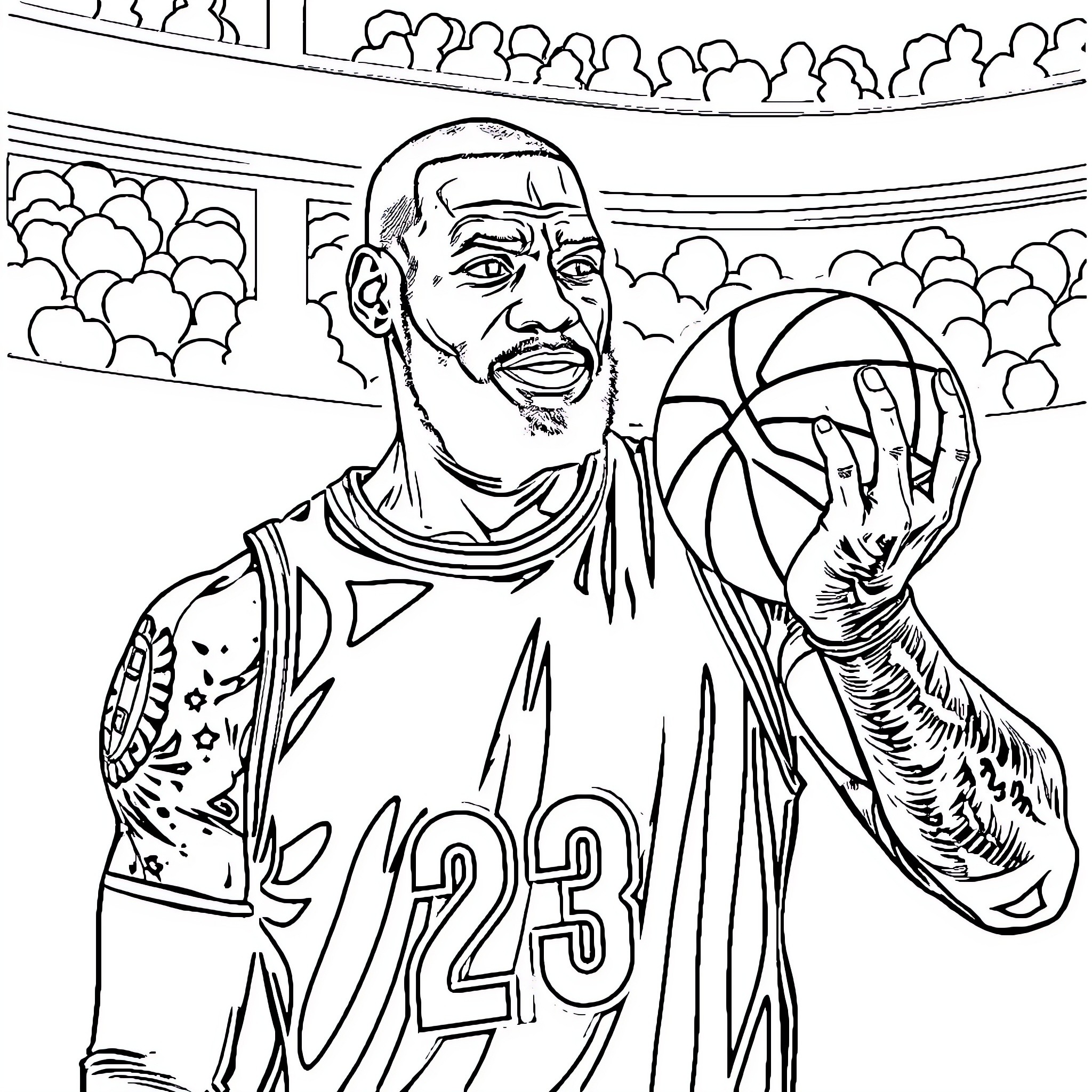 LeBron Dribbling Basketball on Court Coloring Page (free black-and-white line drawing printable PDF for all, from beginners to advanced learners, including children, teens, adults, and seniors)