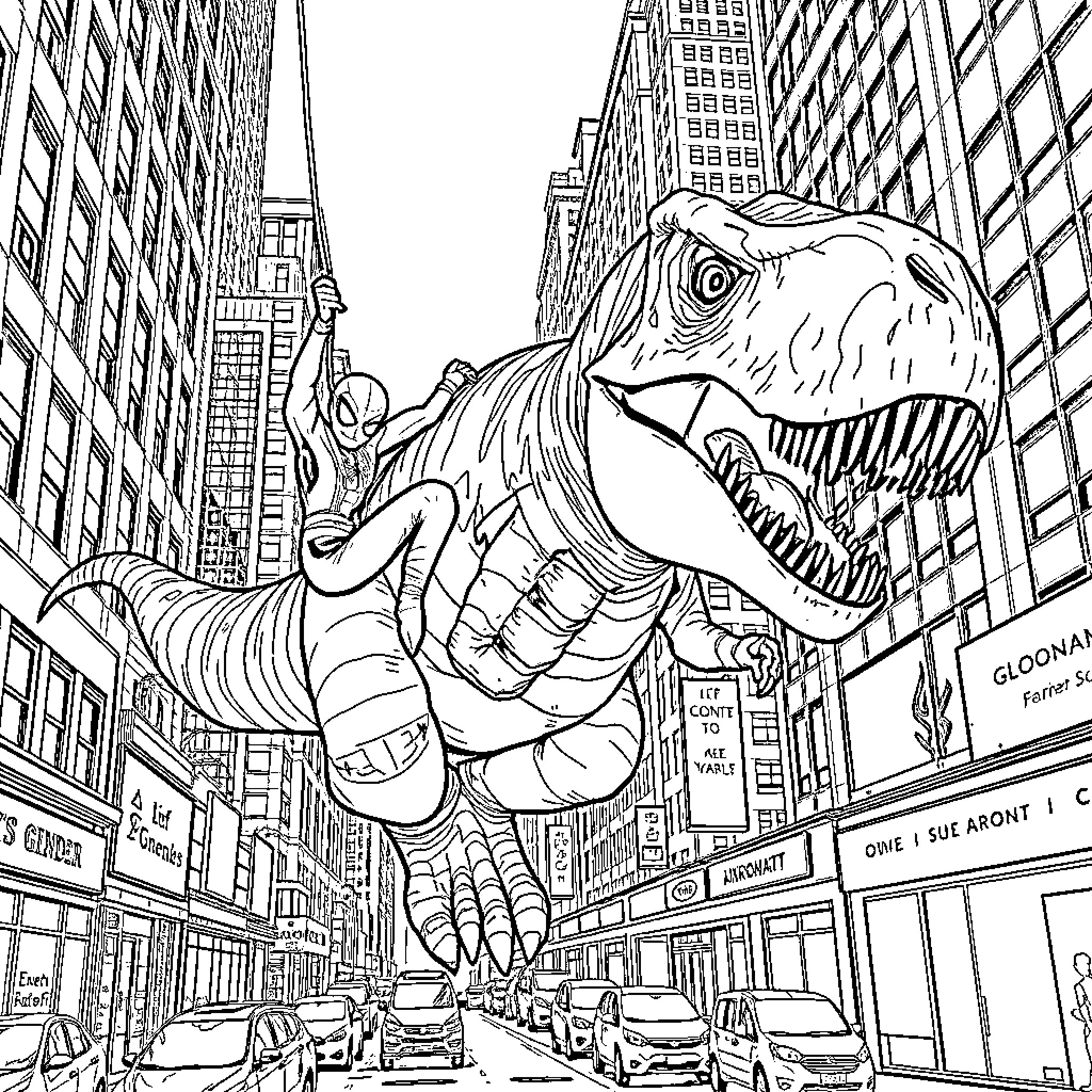 Spiderman confronts giant dinosaur in New York City Coloring Page (free black-and-white line drawing printable PDF for all, from beginners to advanced learners, including children, teens, adults, and seniors)