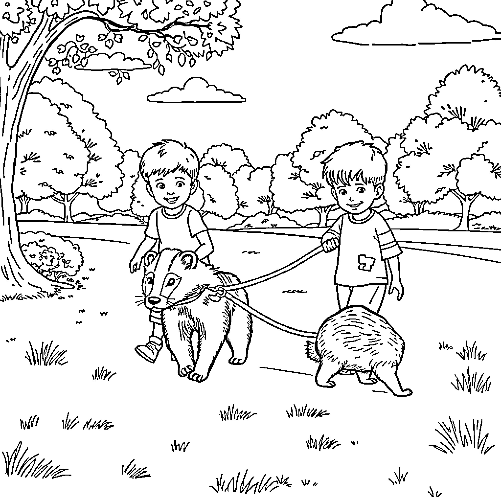 Honey Badger Boys Playing with Pets in Park Coloring Page (free black-and-white line drawing printable PDF for all, from beginners to advanced learners, including children, teens, adults, and seniors)
