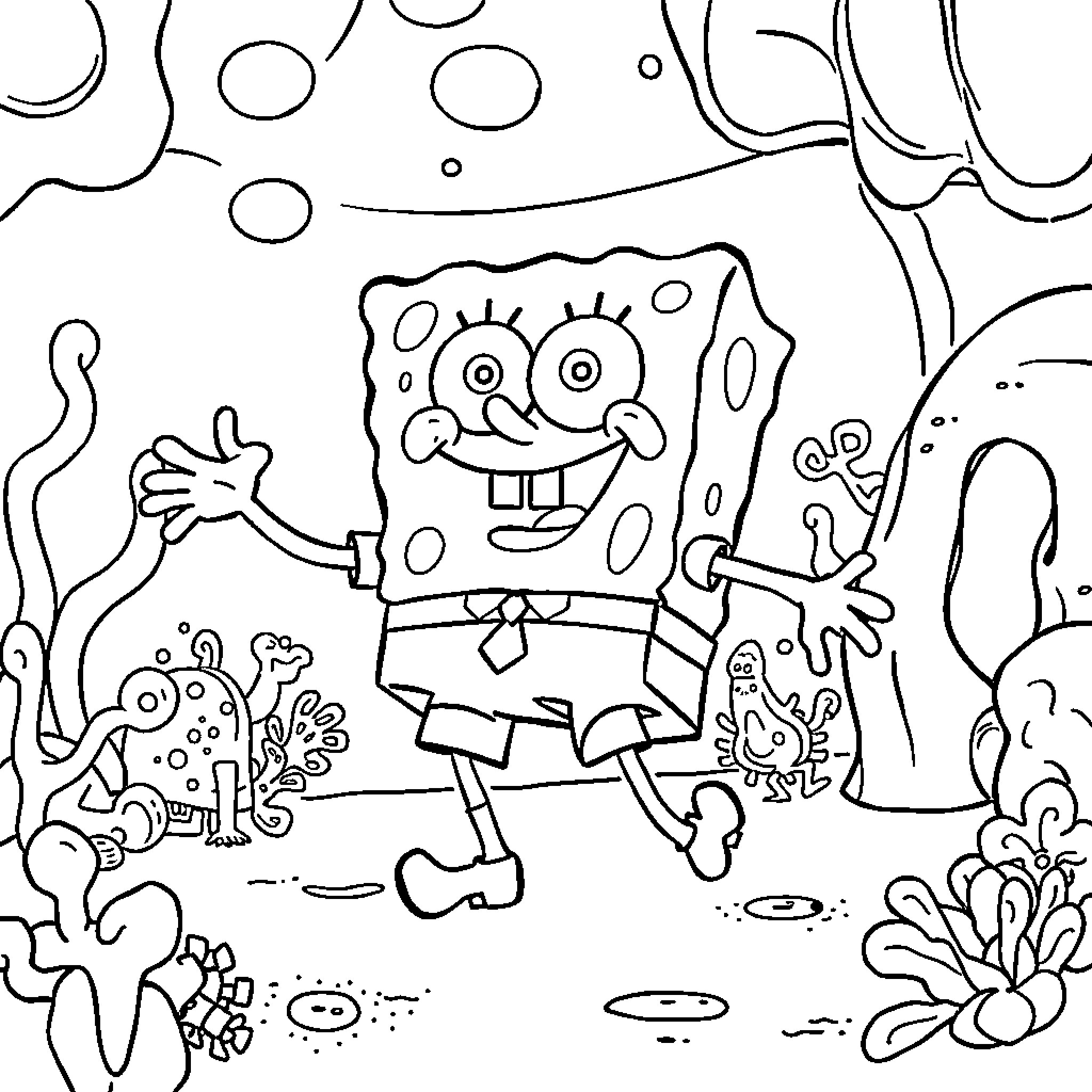 Spongebob's underwater adventure with friends Coloring Page (free black-and-white line drawing printable PDF for all, from beginners to advanced learners, including children, teens, adults, and seniors)