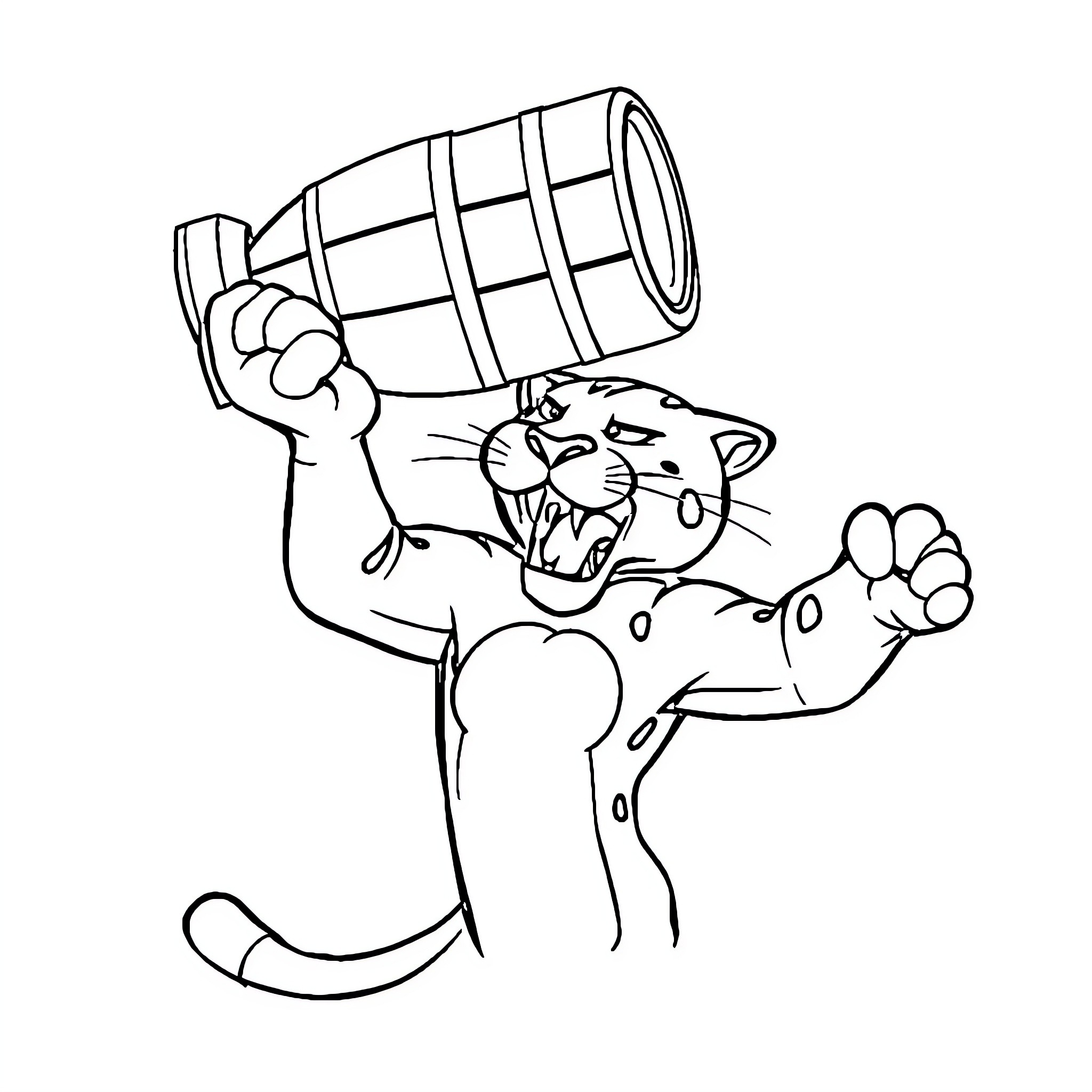 Stanley C Panther lifting a barrel cheerfully Coloring Page (free black-and-white line drawing printable PDF for all, from beginners to advanced learners, including children, teens, adults, and seniors)