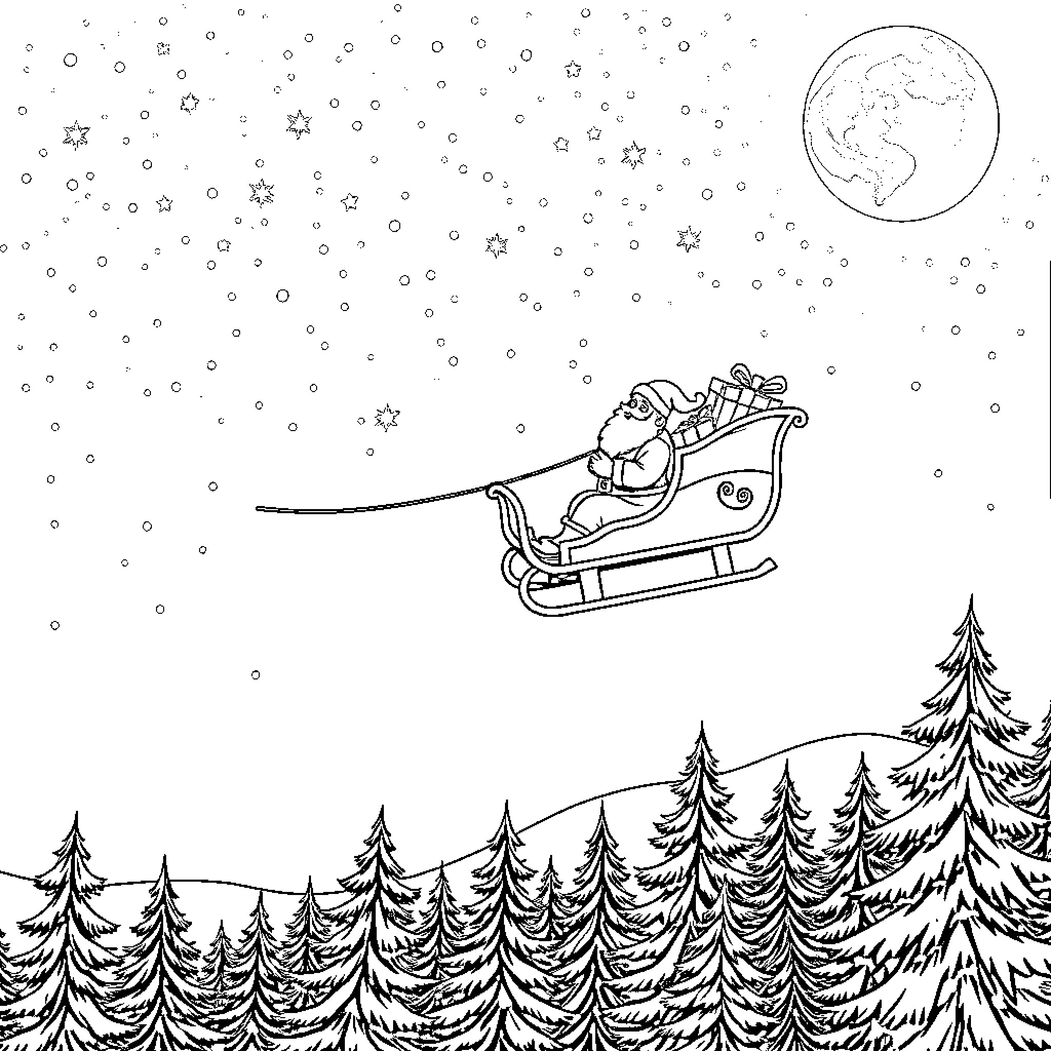 Santa riding his sleigh over the snowy forest Coloring Page (free black-and-white line drawing printable PDF for all, from beginners to advanced learners, including children, teens, adults, and seniors)